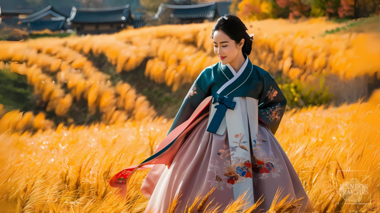 elegant-woman-wearing-an-autumn-millet-design-a-lesser-known-motif-in-fall-seasonal-hanbok-in-golden-field-with-countryside-village-backdrop