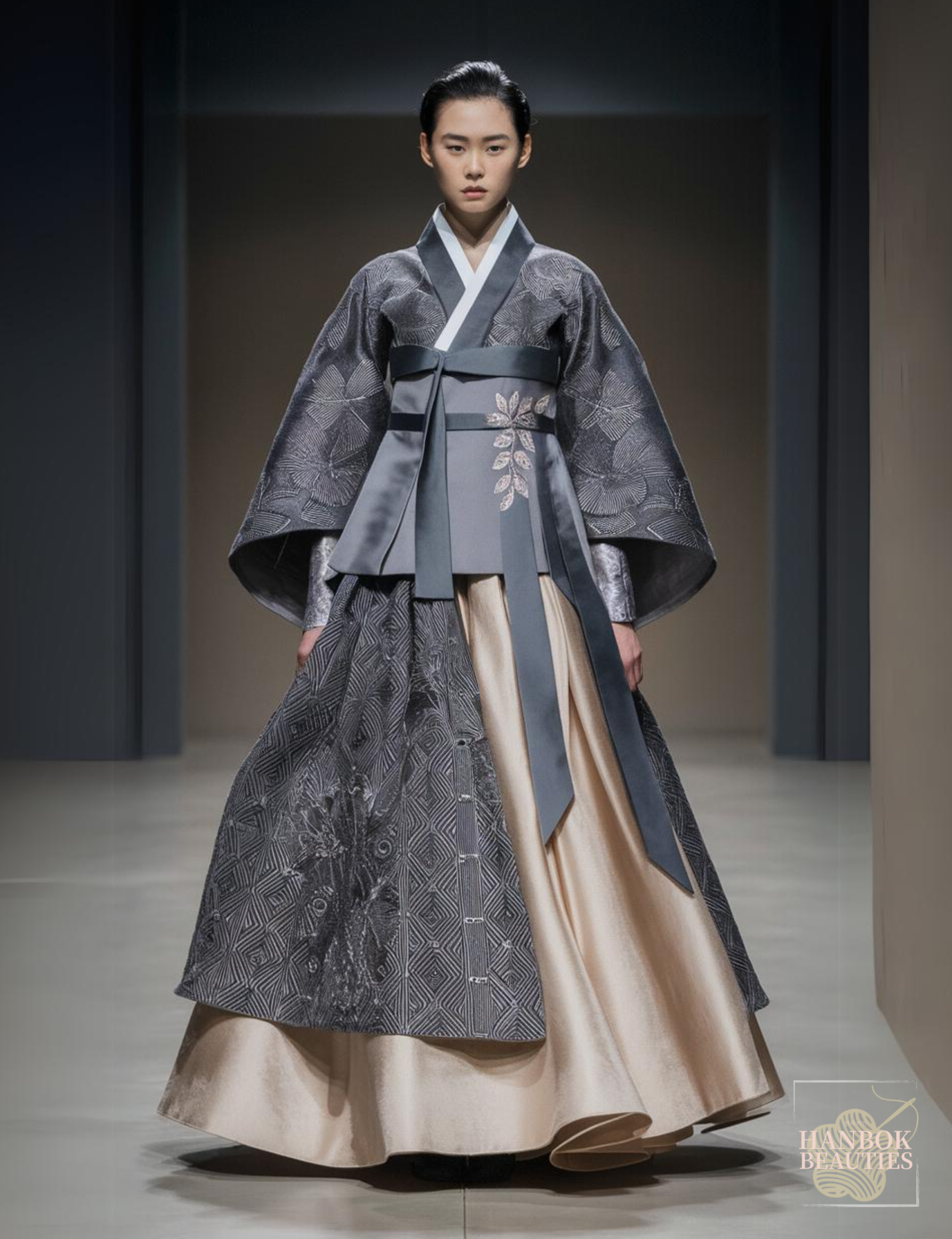 dark-grey-modern-hanbok-geometric-pattern-layered-skirt-leaf-embroidery-contemporary-korean-fashion