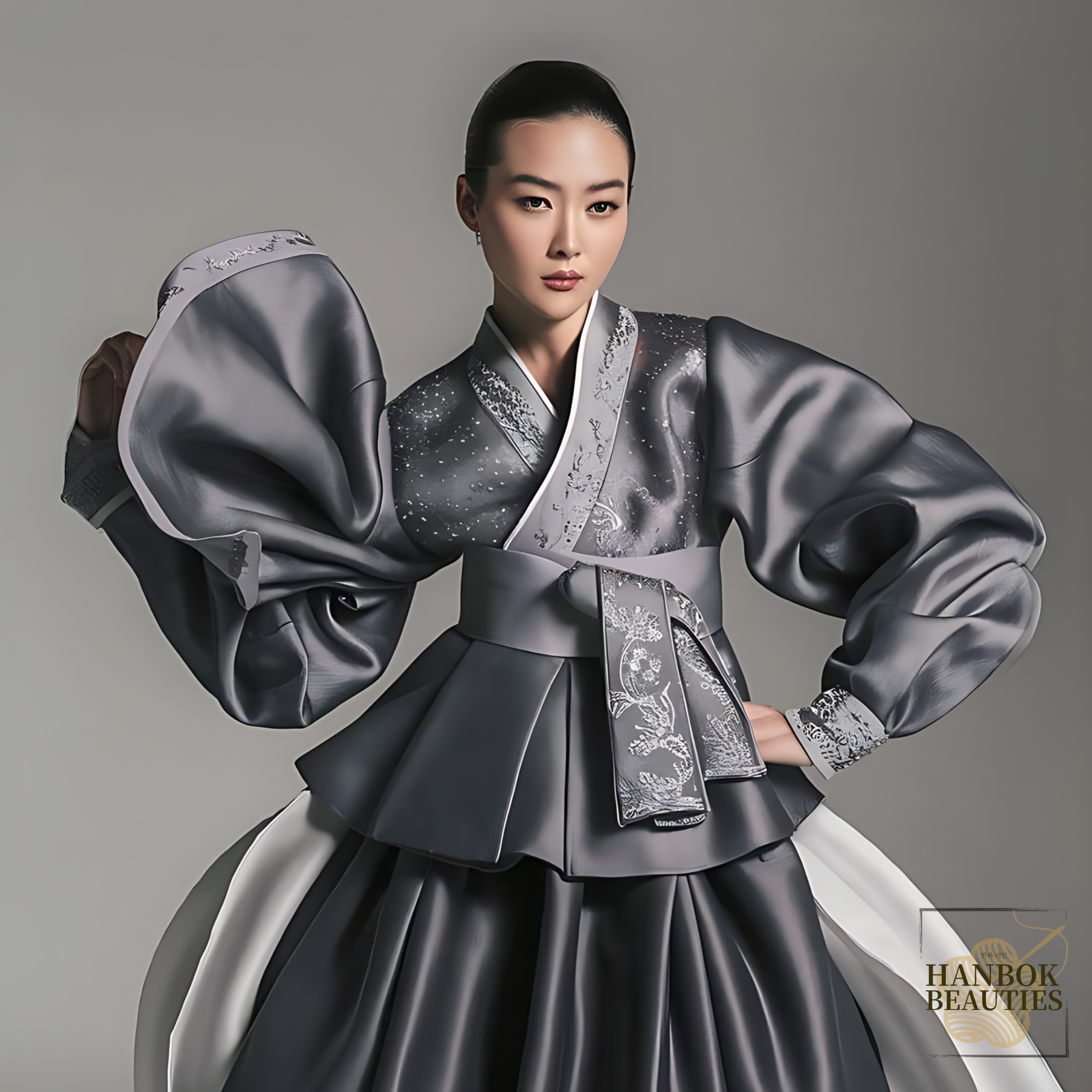 modern-fall-seasonal-hanbok- design-grey-tones-embroidered-top-flowing-skirt