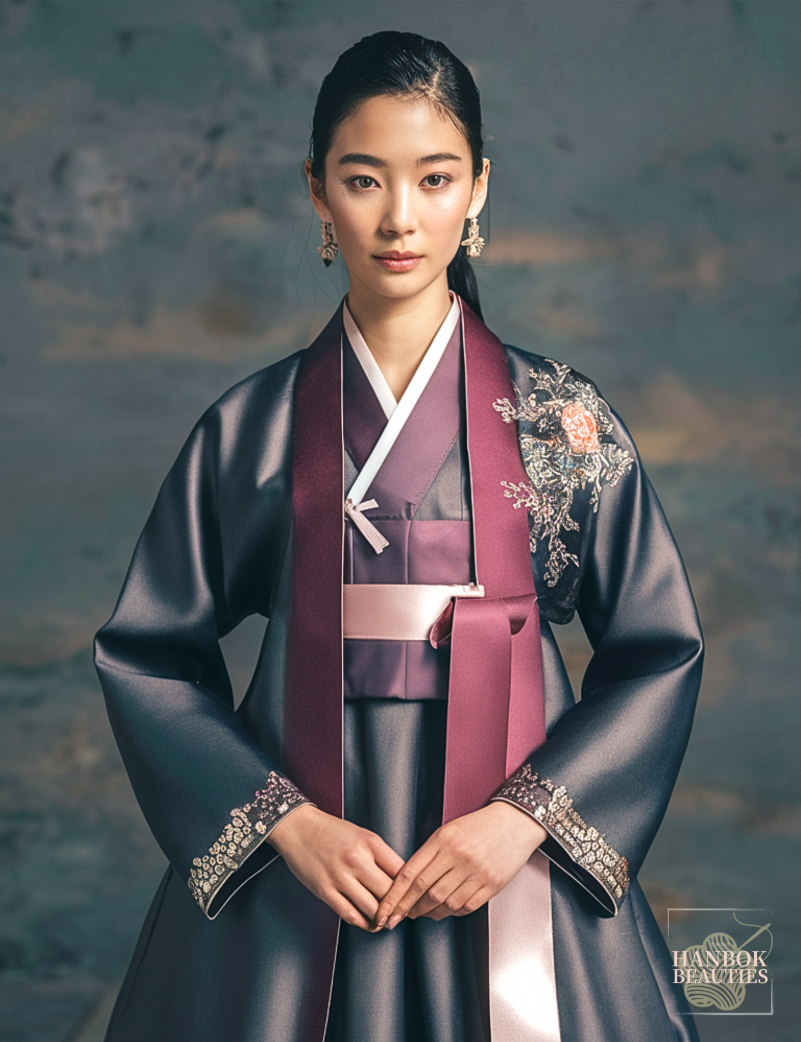 contemporary-fall-seasonal-hanbok-design-modern-twist-traditional-korean-dress-dark-grey-plum-pink-accents-metallic-embroidery