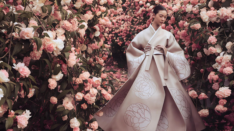 jeju's-fall-seasonal-hanbok-camellia-motif-garden-jeju-island-autumn-winter-fashion-traditional-korean-dress-pink-white-flowers