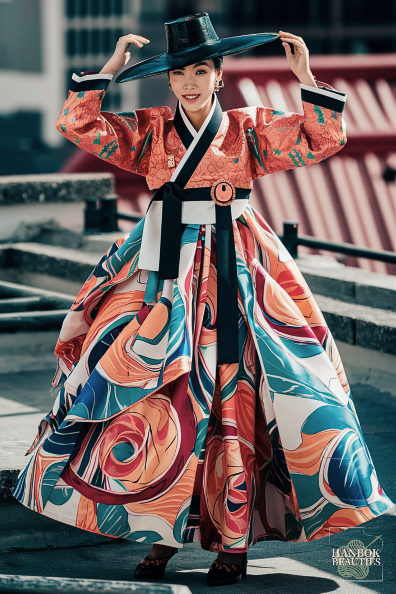 woman-in-colorful-abstract-hanbok-with-wide-brimmed-hat-posing-confidently-on-city-rooftop