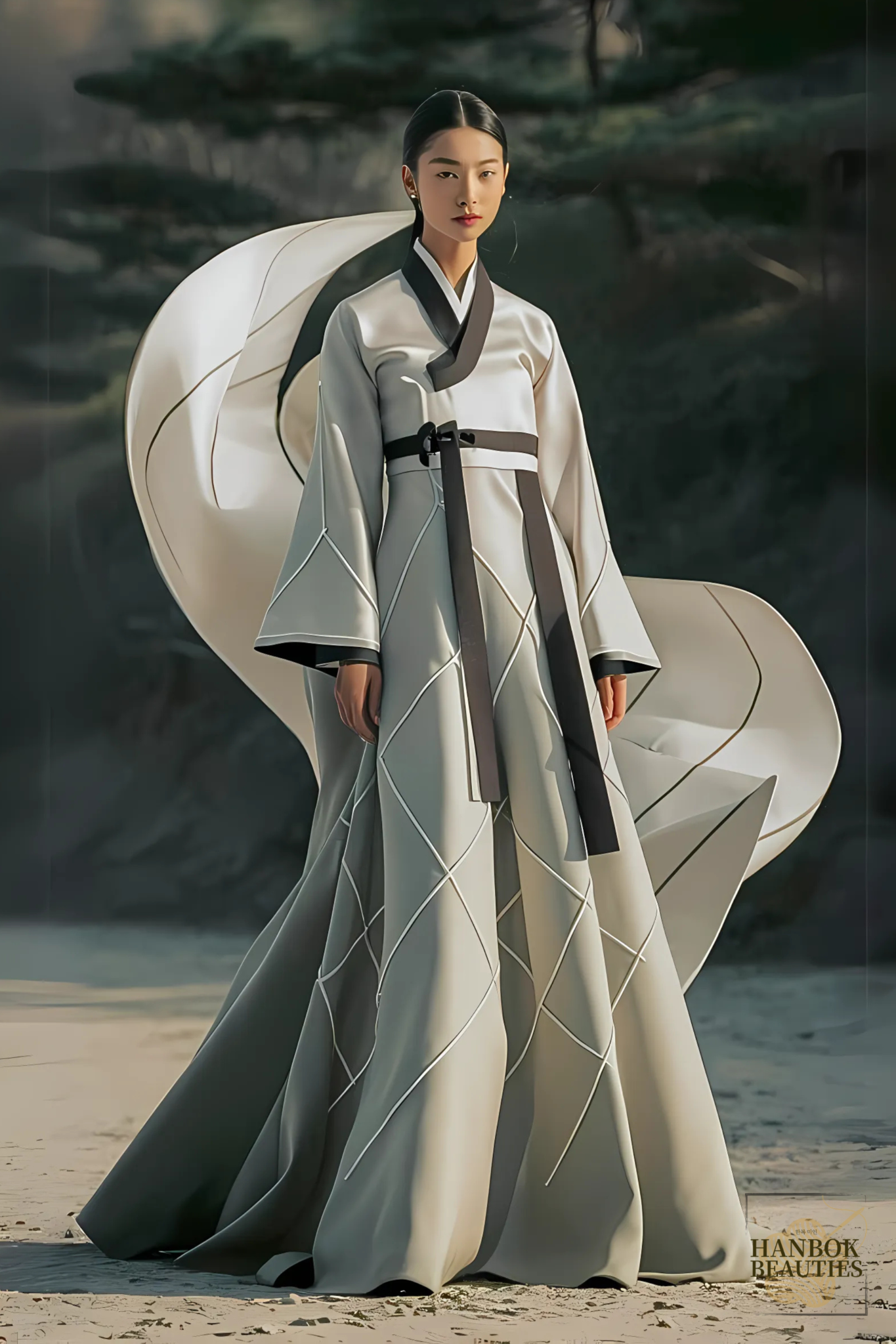 hanbok-beauty-elegant-modern-design-soft-grey-flowing-silhouette-geometric-pattern-natural-setting