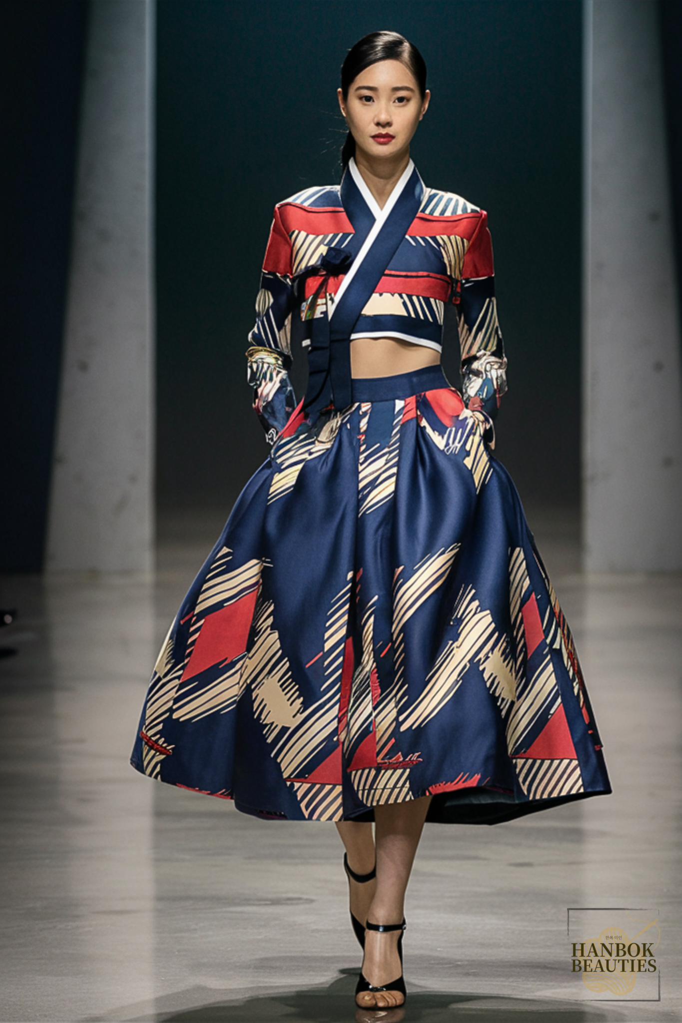 fall-hanbok-design-navy-red-beige-geometric-modern-hanbok-runway-model