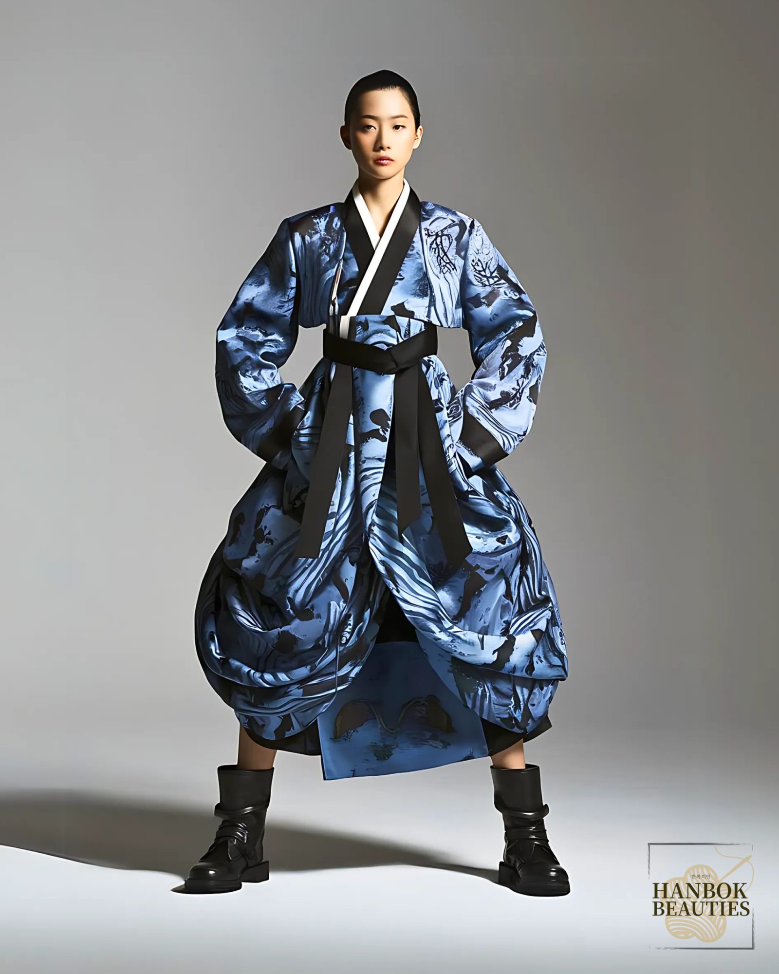 fall-seasonal-hanbok-design-blue-patterned-modern-hanbok-asymmetric-design-leather-boots-edgy-korean-dress