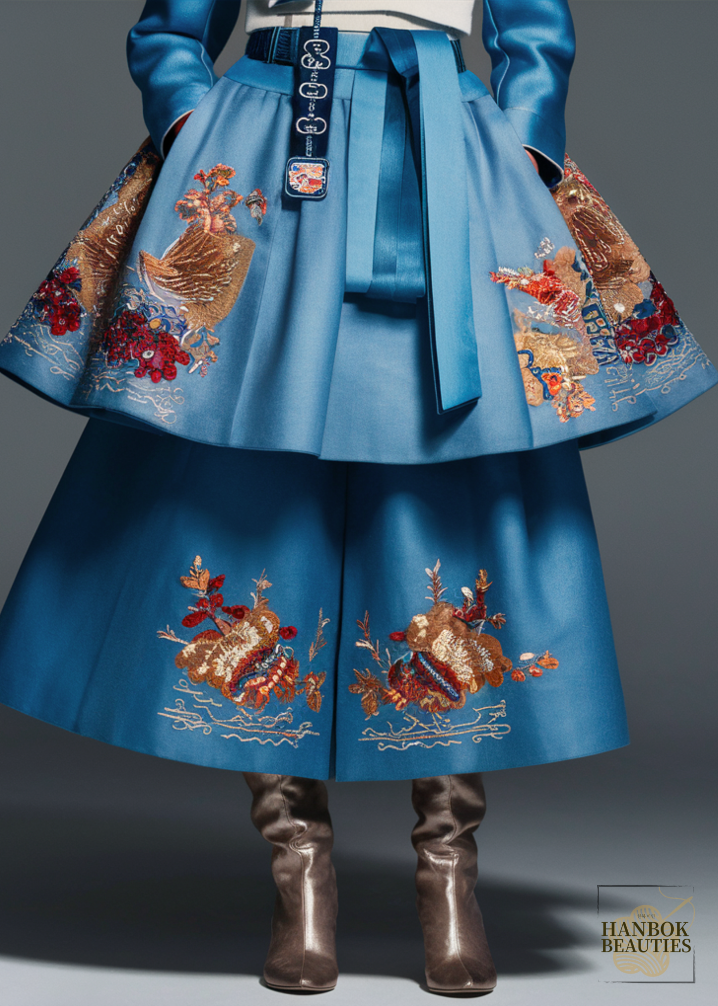 closeup-modern-blue-hanbok-design-autumn-inspired-embroidery-knee-length-skirt-high-boots-contemporary-korean-fashion