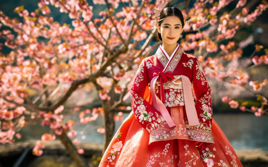 Traditional korean kanbok in red with delicate floral embroidery