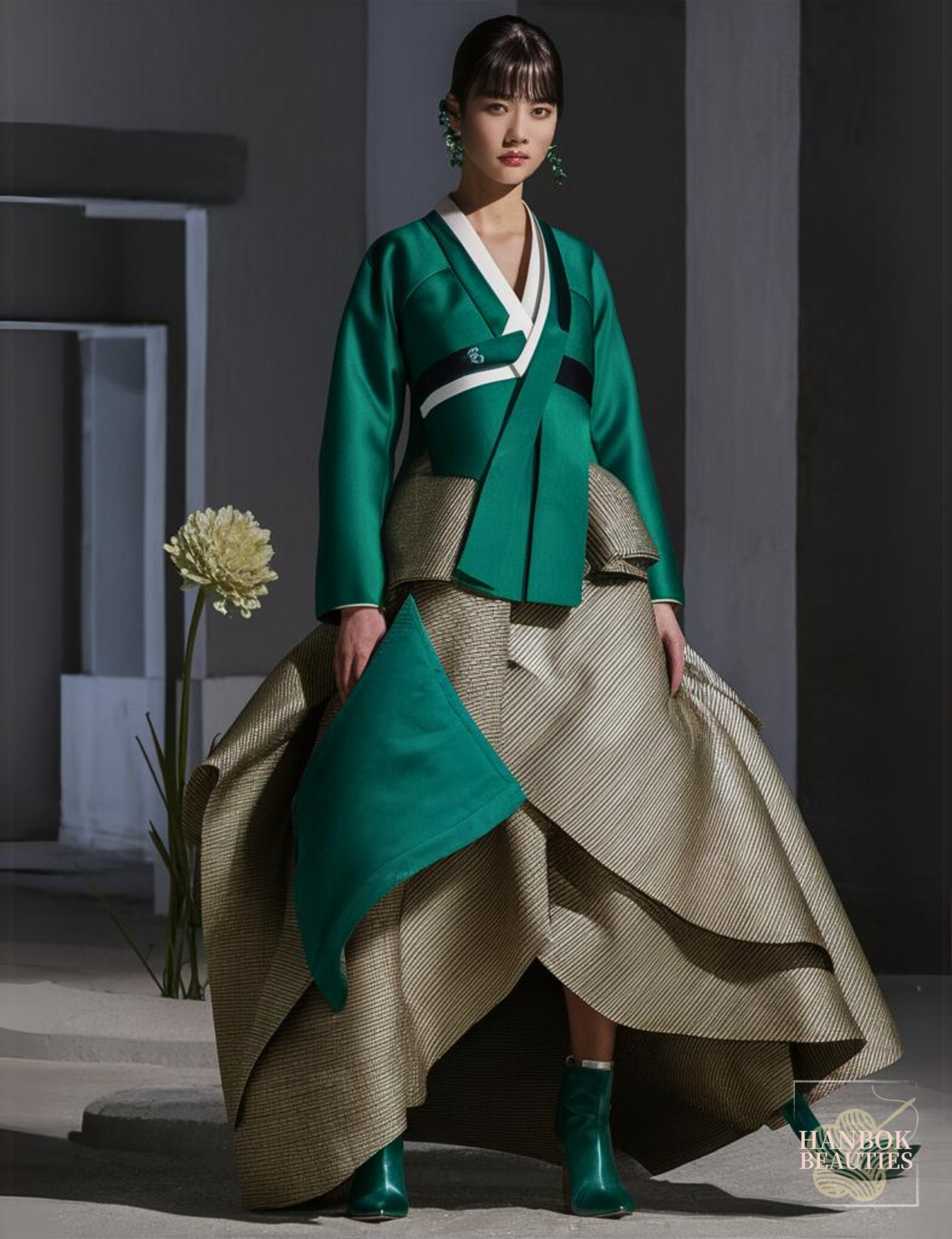 modern-hanbok-design-vibrant-green-asymmetrical-hemline-overlapping-skirt-green-booties-minimalistic