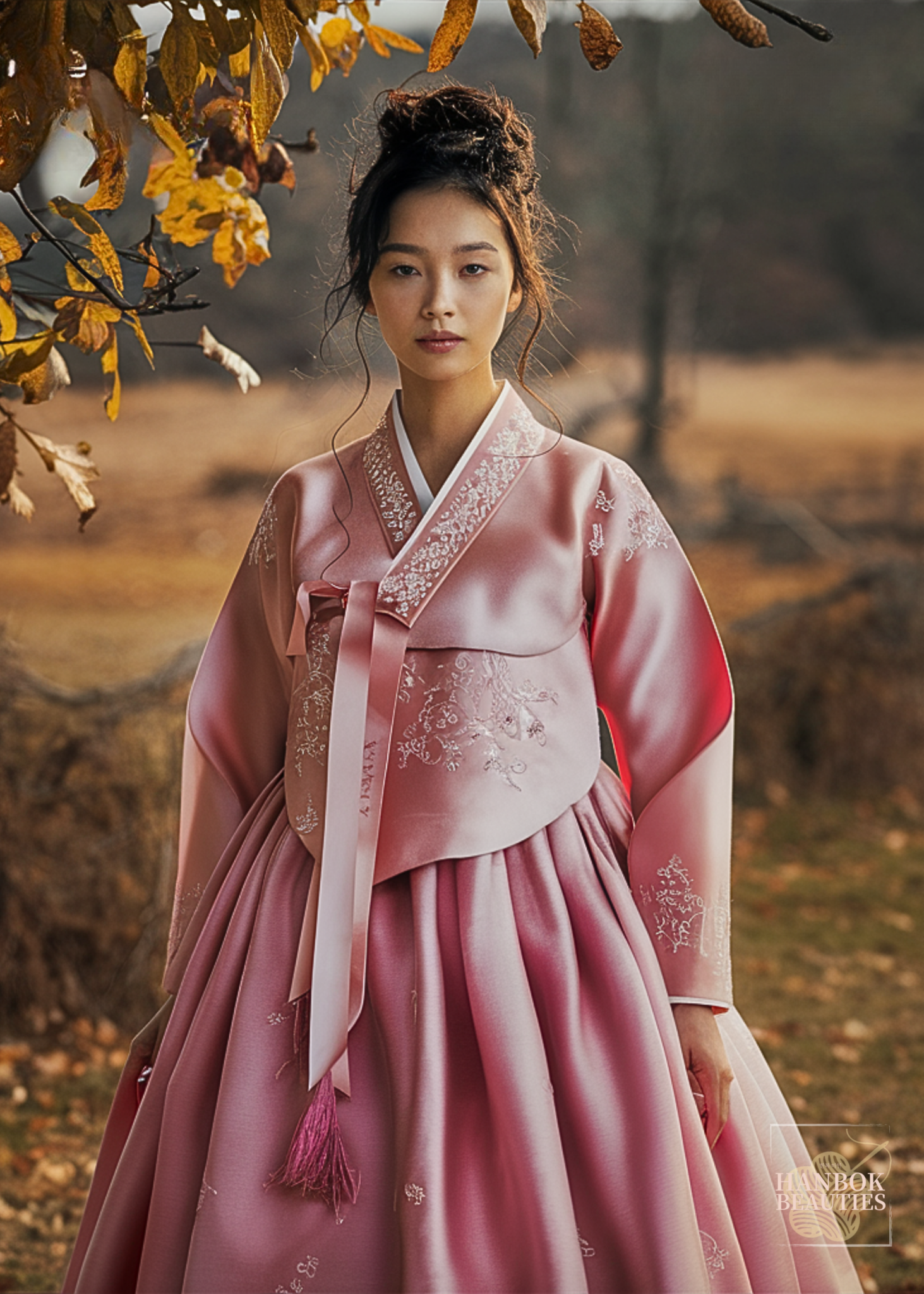 modern-hanbok-design-embroidered-dusty-rose-traditional-korean-dress-autumn-landscape