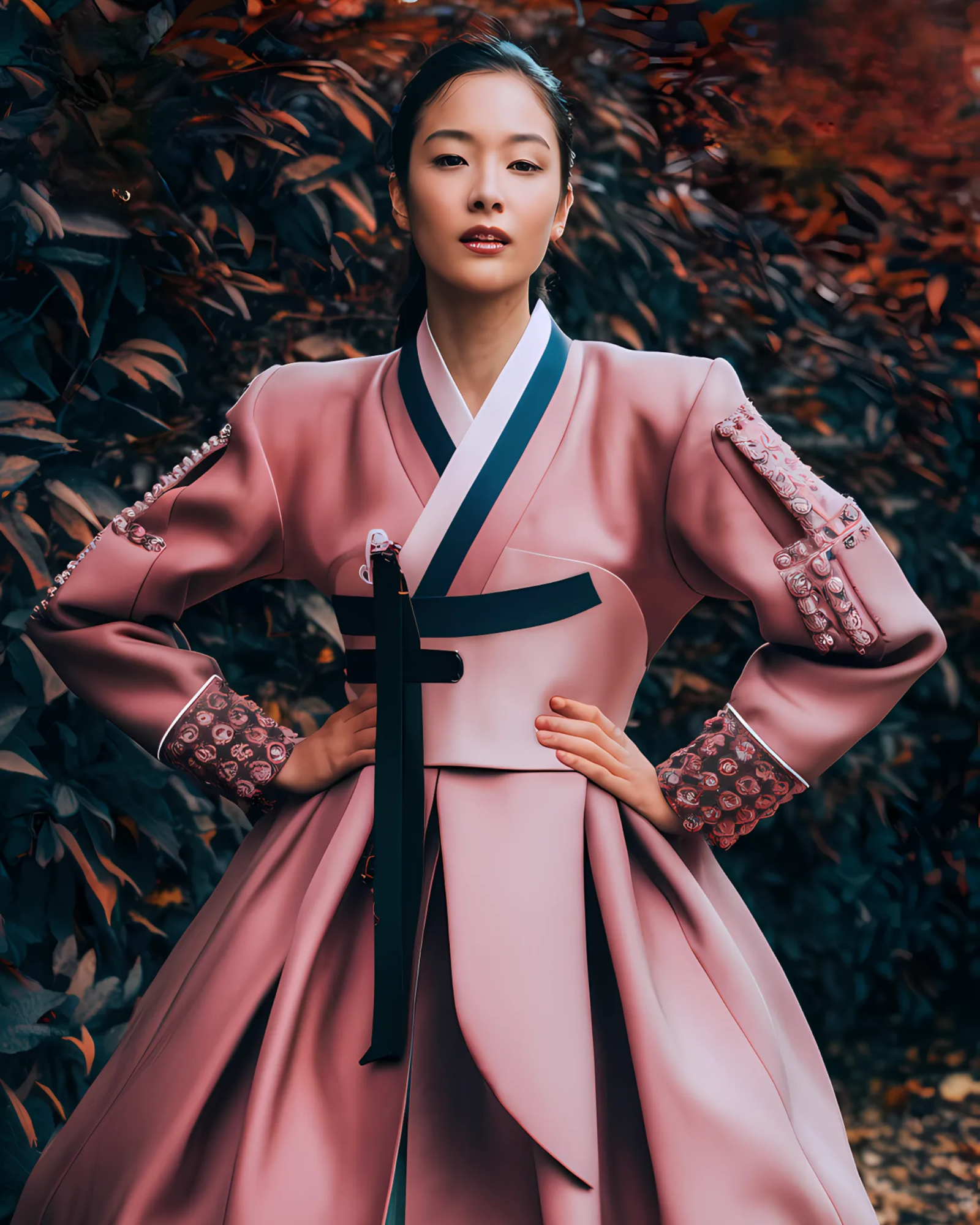 modern-hanbok-design-dusty-rose-fall-collection-contemporary-korean-fashion-autumn-setting