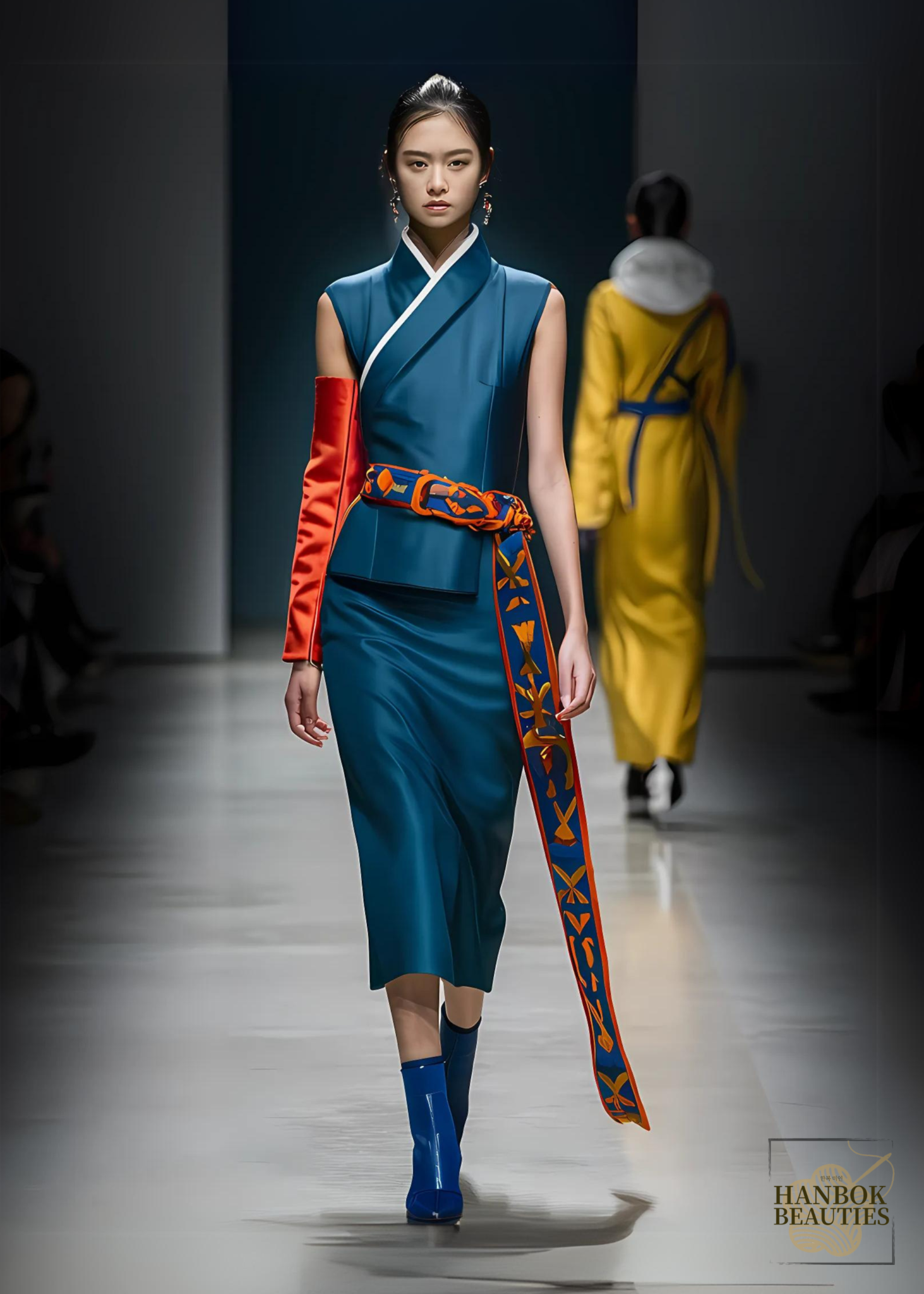 modern-hanbok-design-sleeveless-blue-red-gold-contemporary-korean-dress-runway-fashion