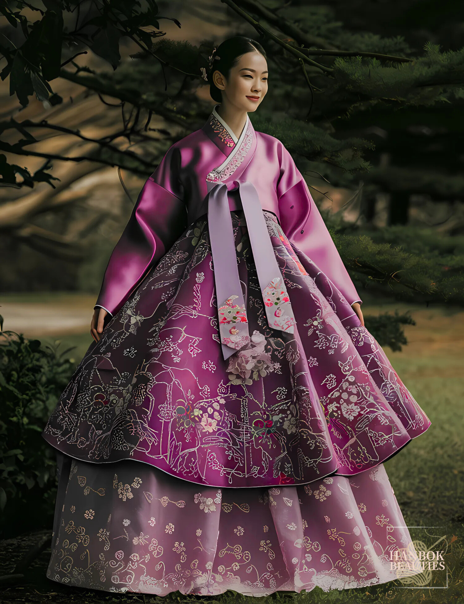 classic-plum-hanbok-design-floral-embroidery-outdoor-natural-setting-traditional-korean-fashion-fall-collection