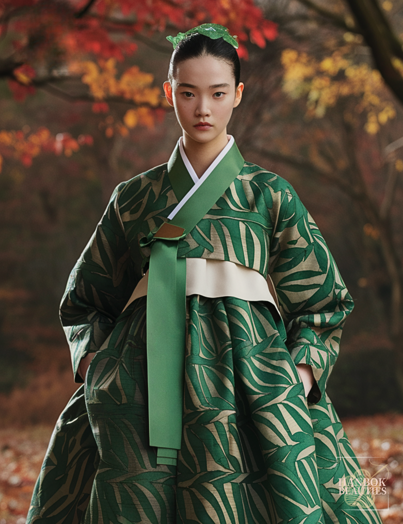 modern-korean-hanbok-design-autumn-winter-green-leaf-pattern-traditional-dress-forest-background-seasonal-fashion