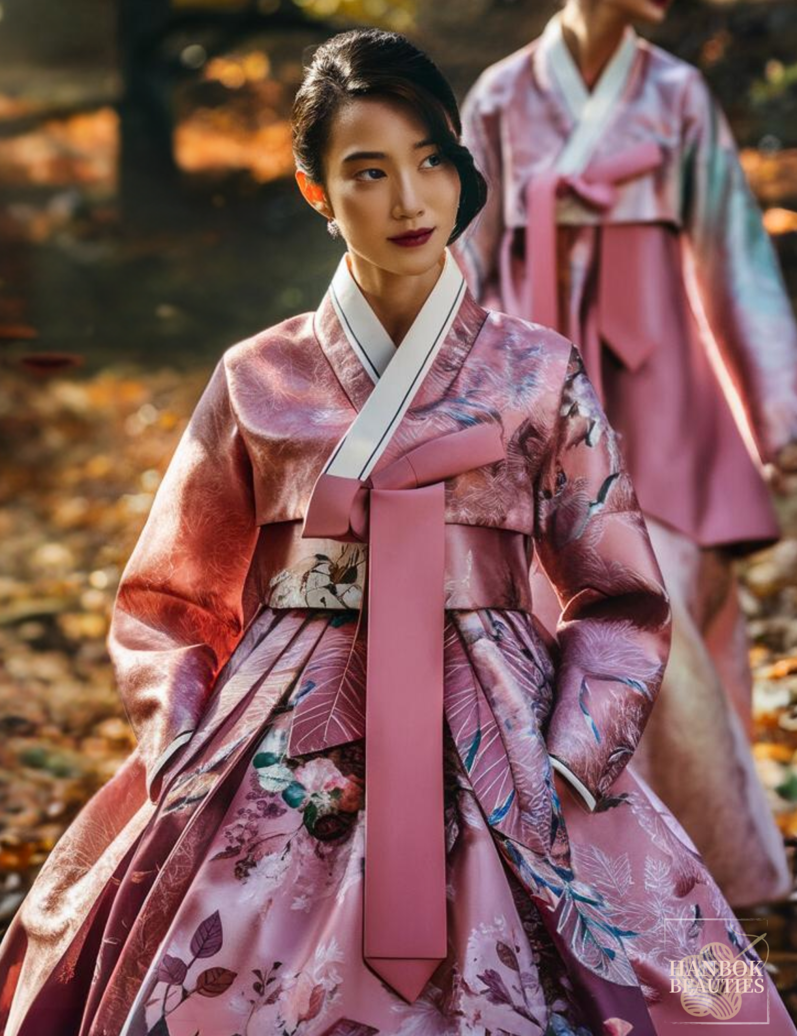 modern-hanbok-design-pink-autumn-floral-leaf-pattern-slim-silhouette-traditional-korean-dress-seasonal-fashion