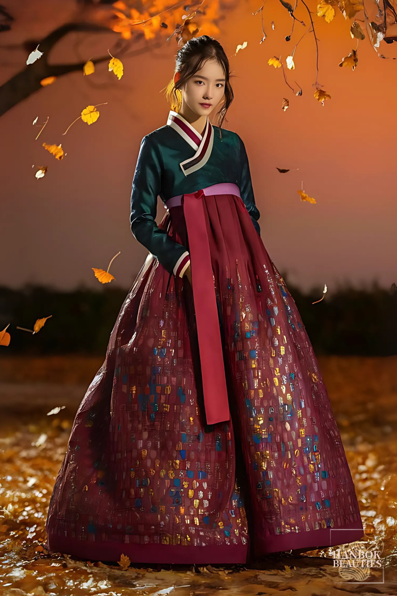 elegant-hanbok-design-burgundy-mixed-pattern-long-skirt-autumn-fashion-modern-korean-dress-fall-collection-hanbok-design