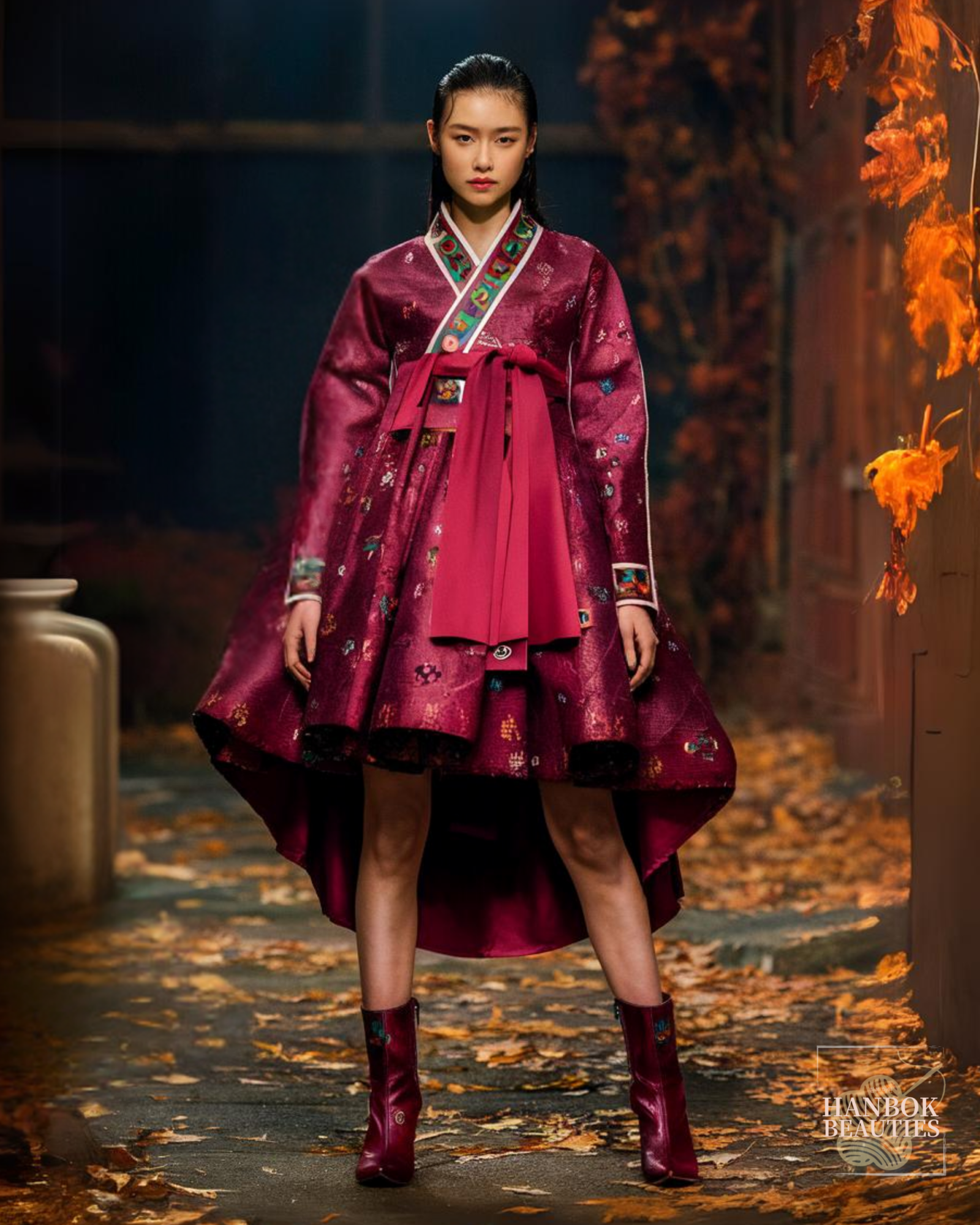 edgy-modern-hanbok-design-burgundy-mixed-pattern-short-boots-autumn-fashion-korean-dress-fall-collection