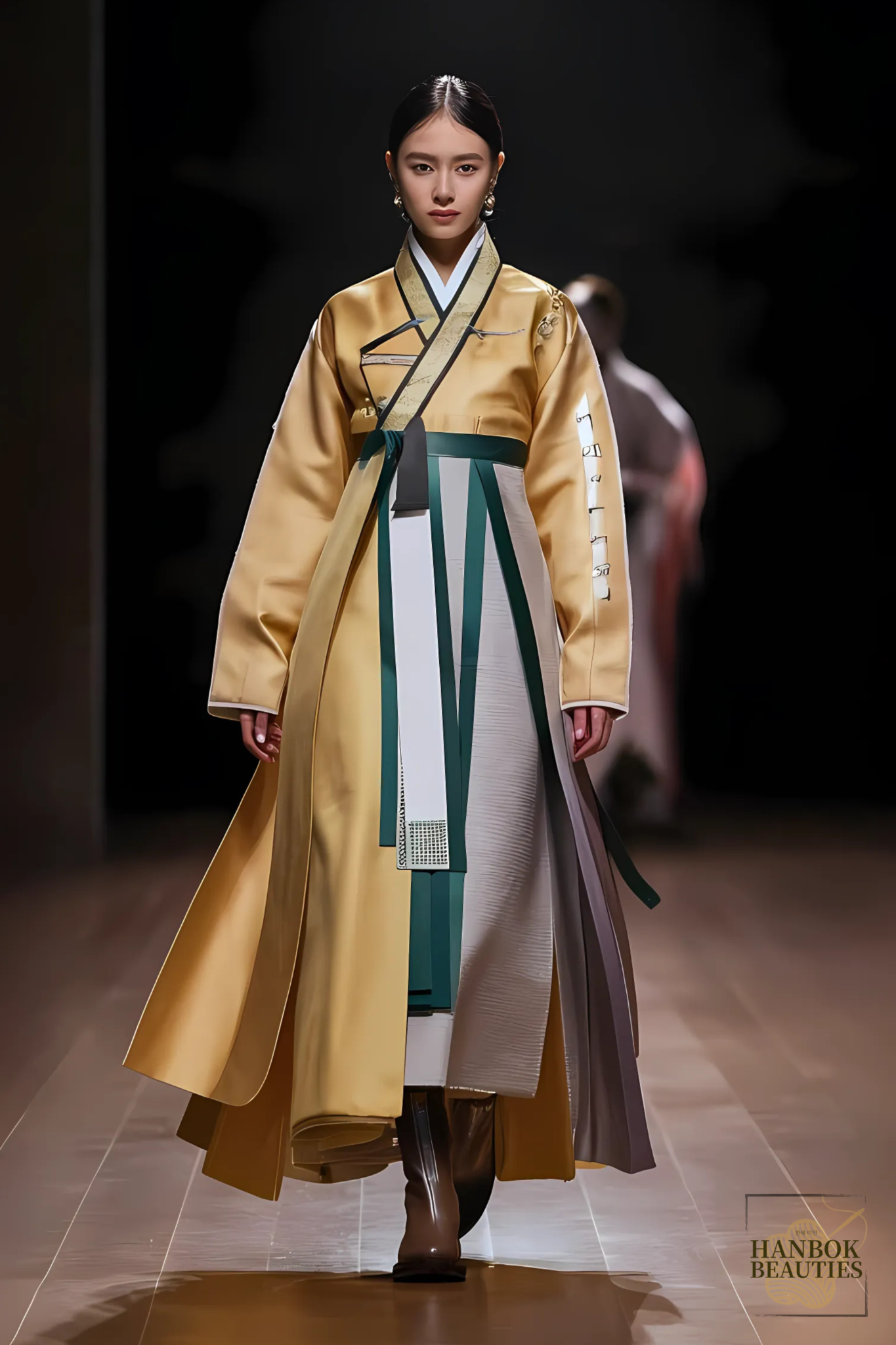 minimalist-modern-hanbok-design-golden-yellow-mixed-fabric-autumn-fashion-korean-dress-slim-silhouette-hanbok-design