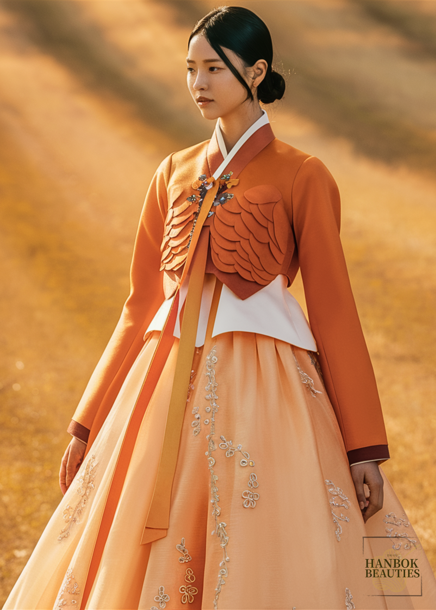 modern-hanbok-design-orange-scalloped-jeogori-white-trim-embroidered-skirt-golden-sunset-portrait