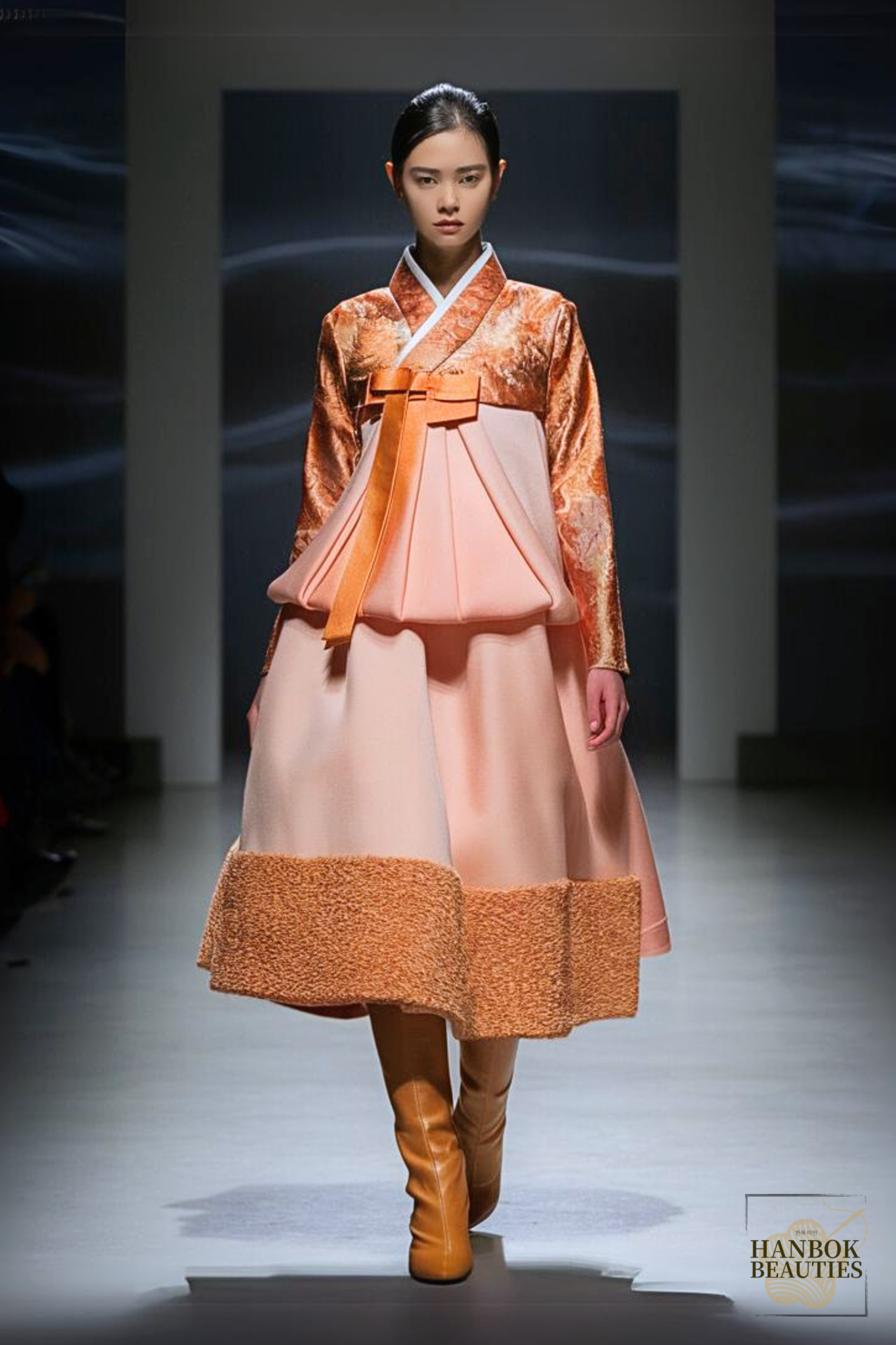 modern-hanbok-design-orange-hue-brocade-jeogori-pleated-skirt-runway-fashion-show