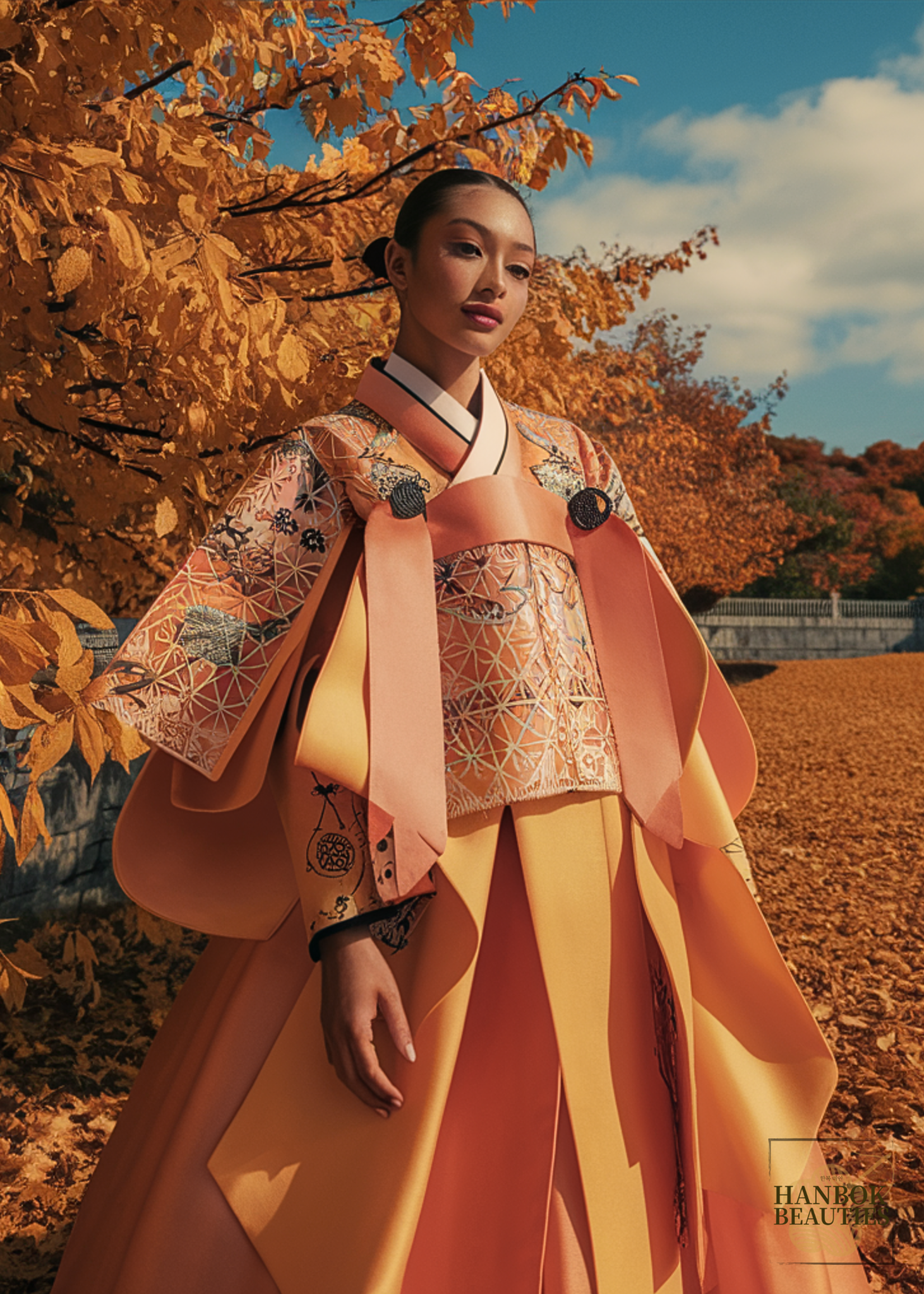 fall-seasonal-hanbok-design-geometric-brocade-orange-hanbok-autumn-foliage-outdoor-fashion-korean-traditional-dress