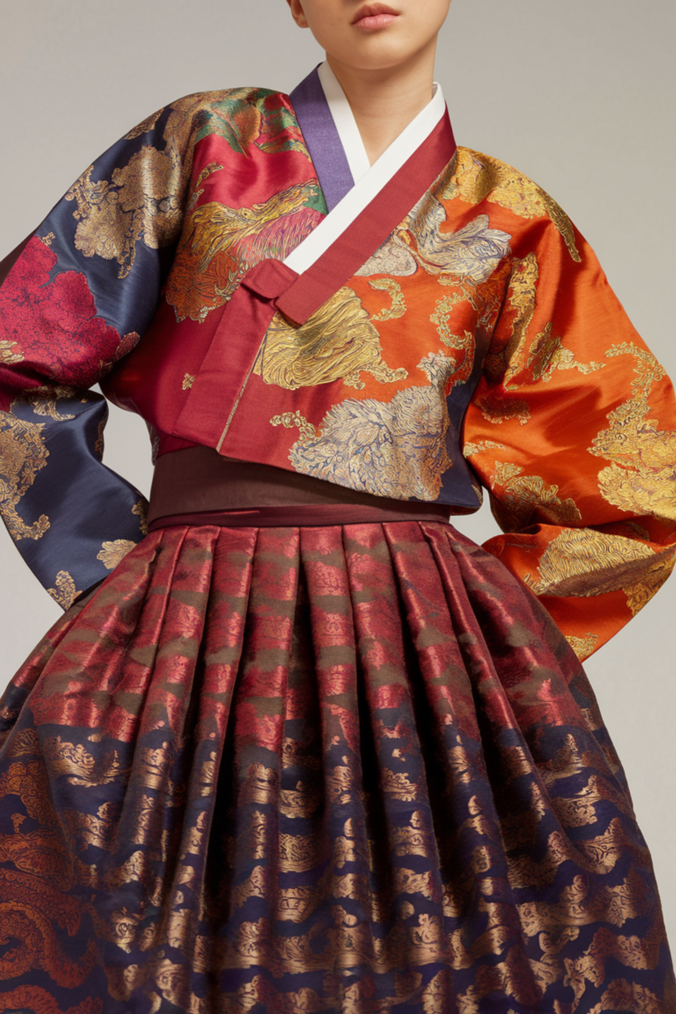 luxury-brocade-hanbok-design-burgundy-orange-navy-gold-embroidered-traditional-korean-dress-pleated-chima