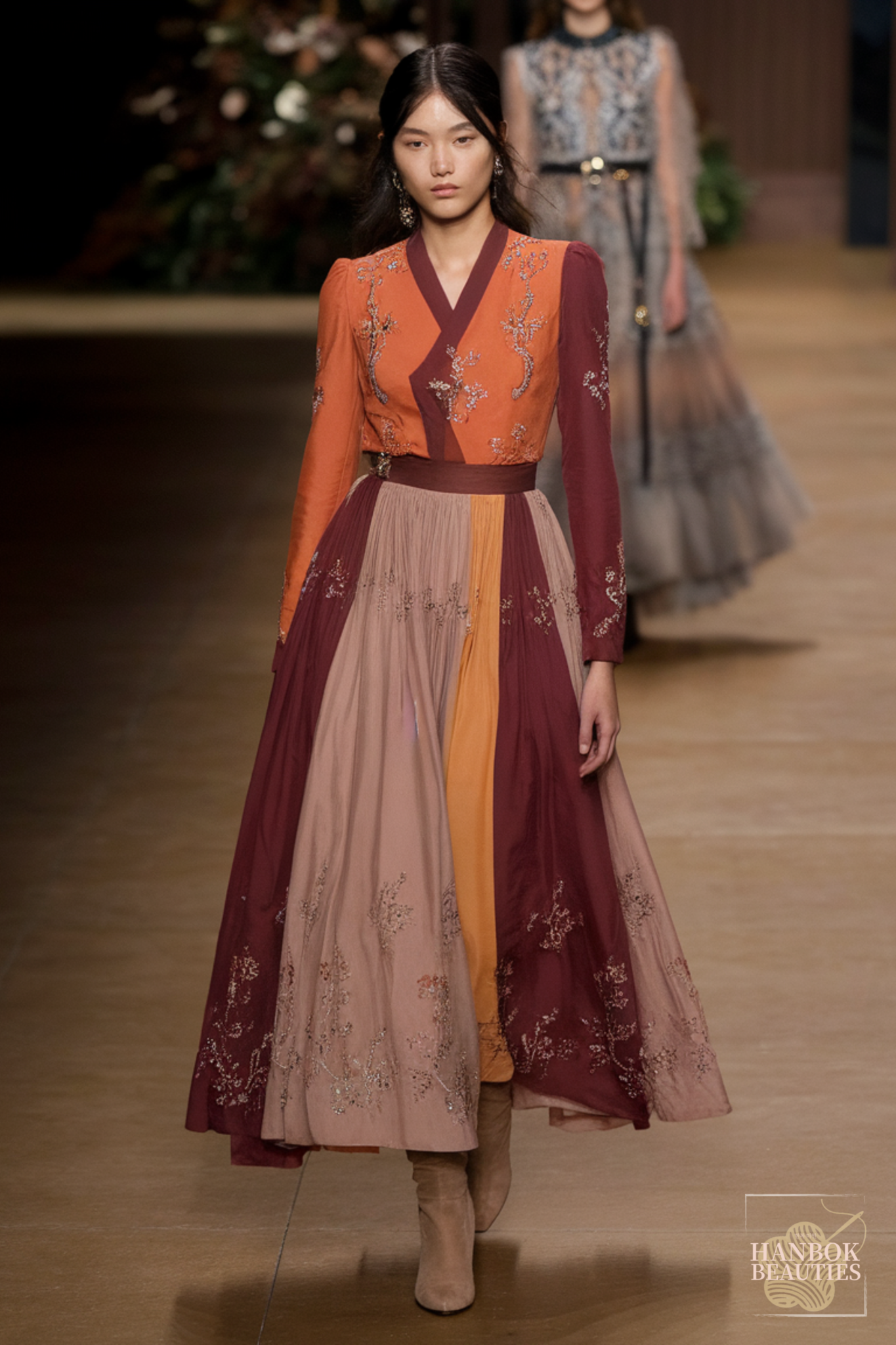 fall-hanbok-design-orange-burgundy-pleated-skirt-embroidered-contemporary-runway-fashion-korean-traditional-dress