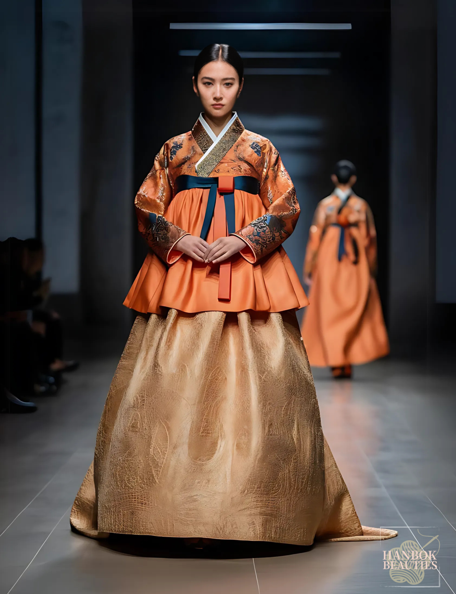 orange-gold-hanbok-design-runway-brocade-traditional-korean-dress-fall-fashion-modern-luxury-embroidered-jeogori