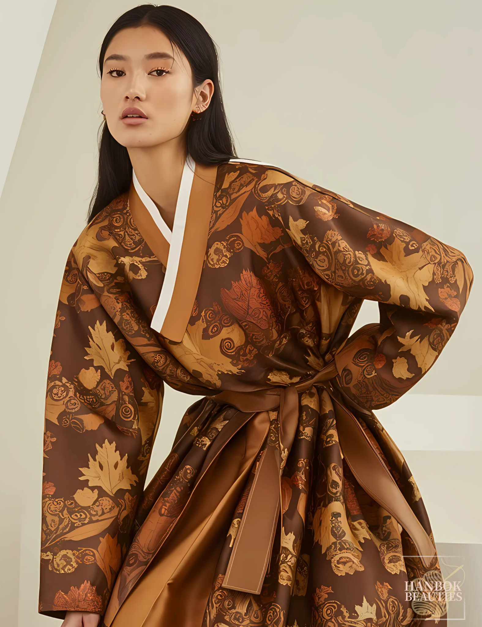 modern-fall-hanbok-design-brown-silk-leaf-pattern-contemporary-korean-fashion