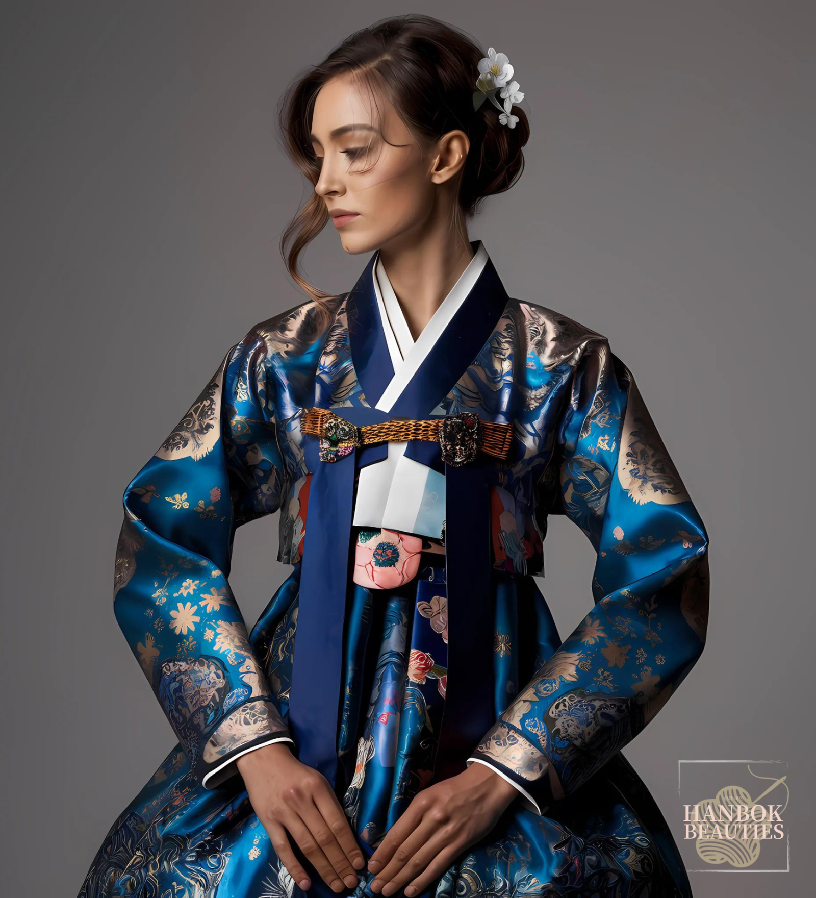 modern-blue-hanbok-design-gold-accents-floral-designs-elegant-updo-fall-seasonal-hanbok