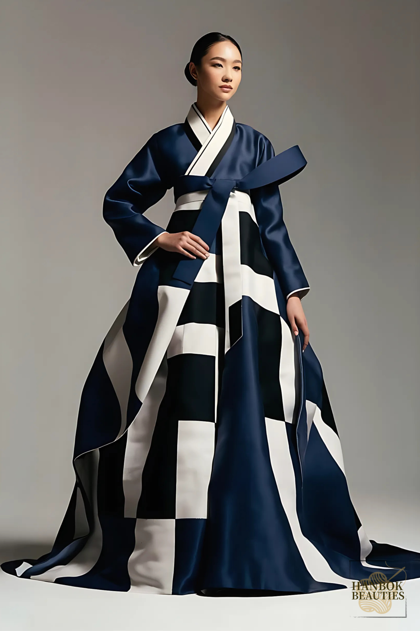 Avant-garde geometry meets traditional silhouette in this striking hanbok design