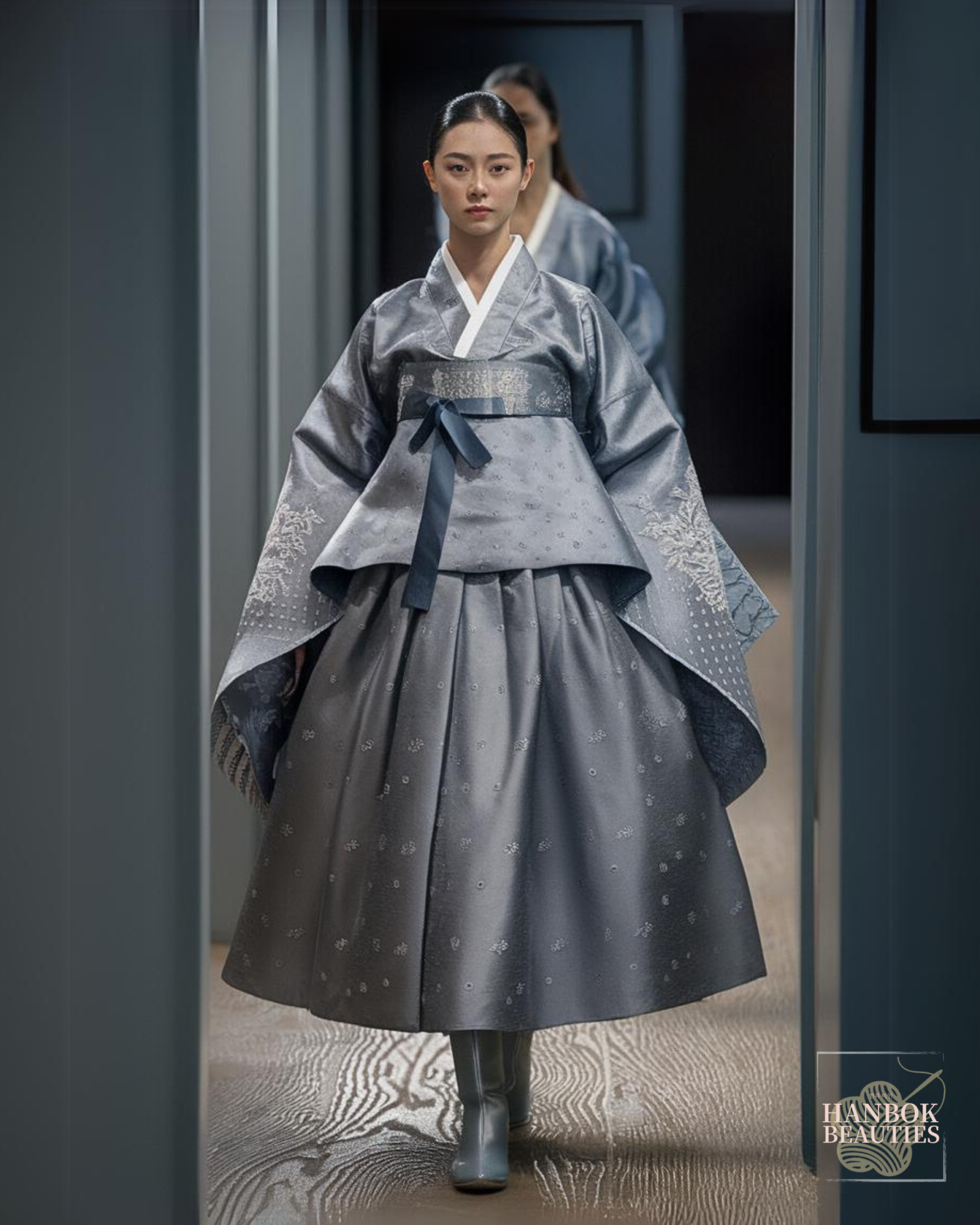 modern-hanbok-fall-seasonal-hanbok-dark-grey-delicate-pattern-embroidery-mid-length-skirt-boots-elegant-silhouette