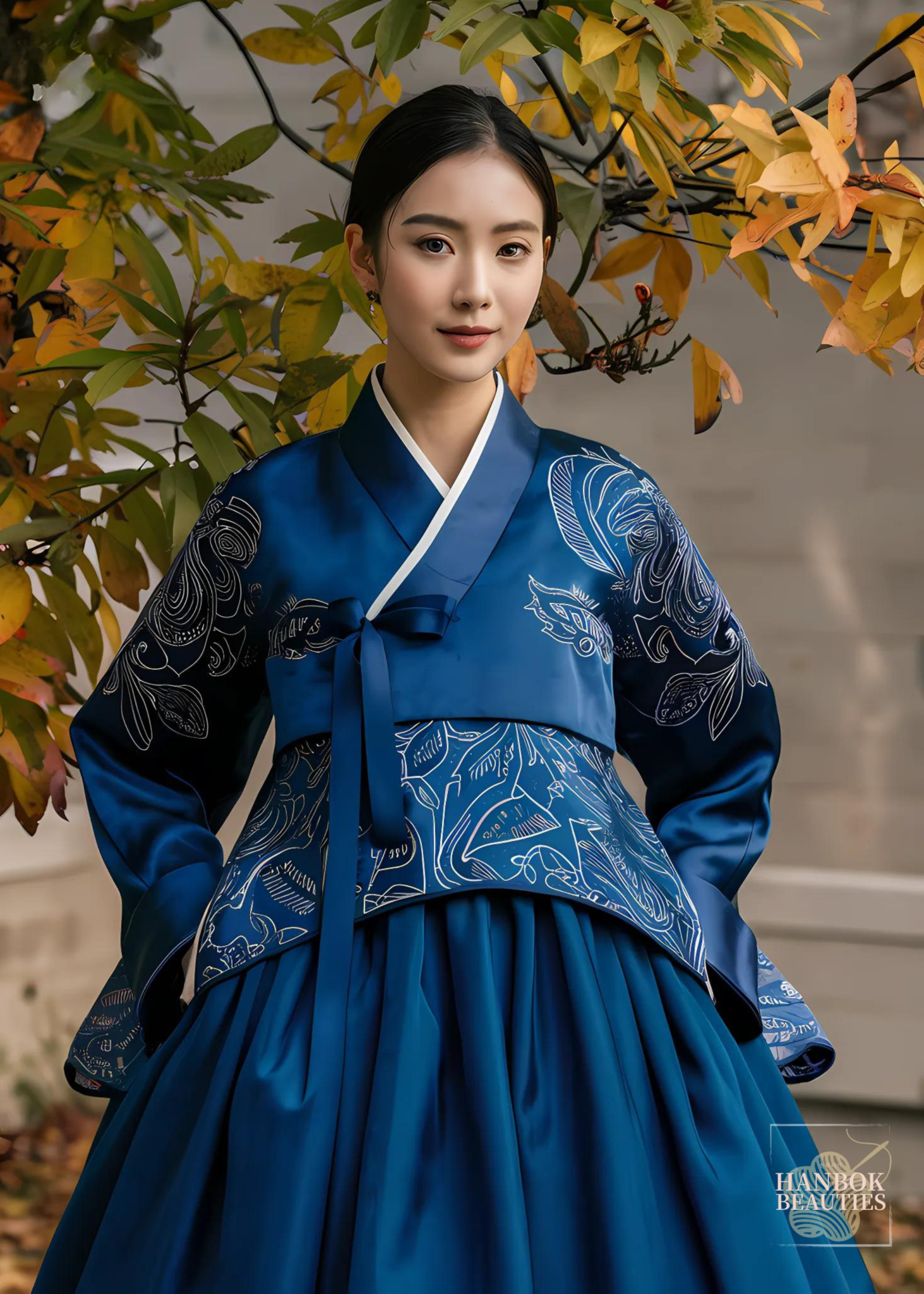 deep-blue-hanbok-beauty-intricate-patterns-autumn-leaves-backdrop-fall-seasonal-hanbok