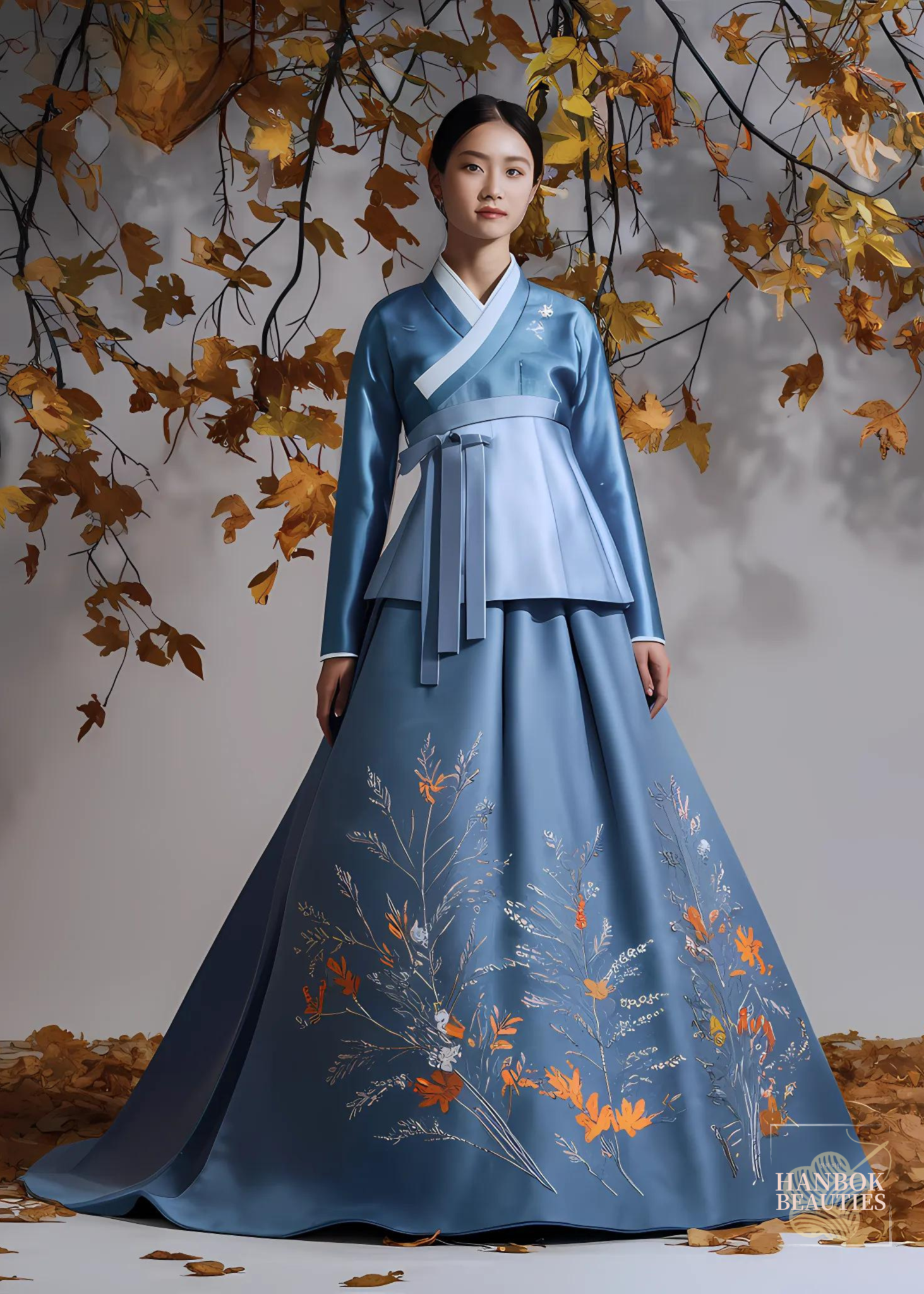 fall-seasonal-hanbok-design-modern-blue-gold-embroidery-full-skirt-autumn-leaves-elegant-design