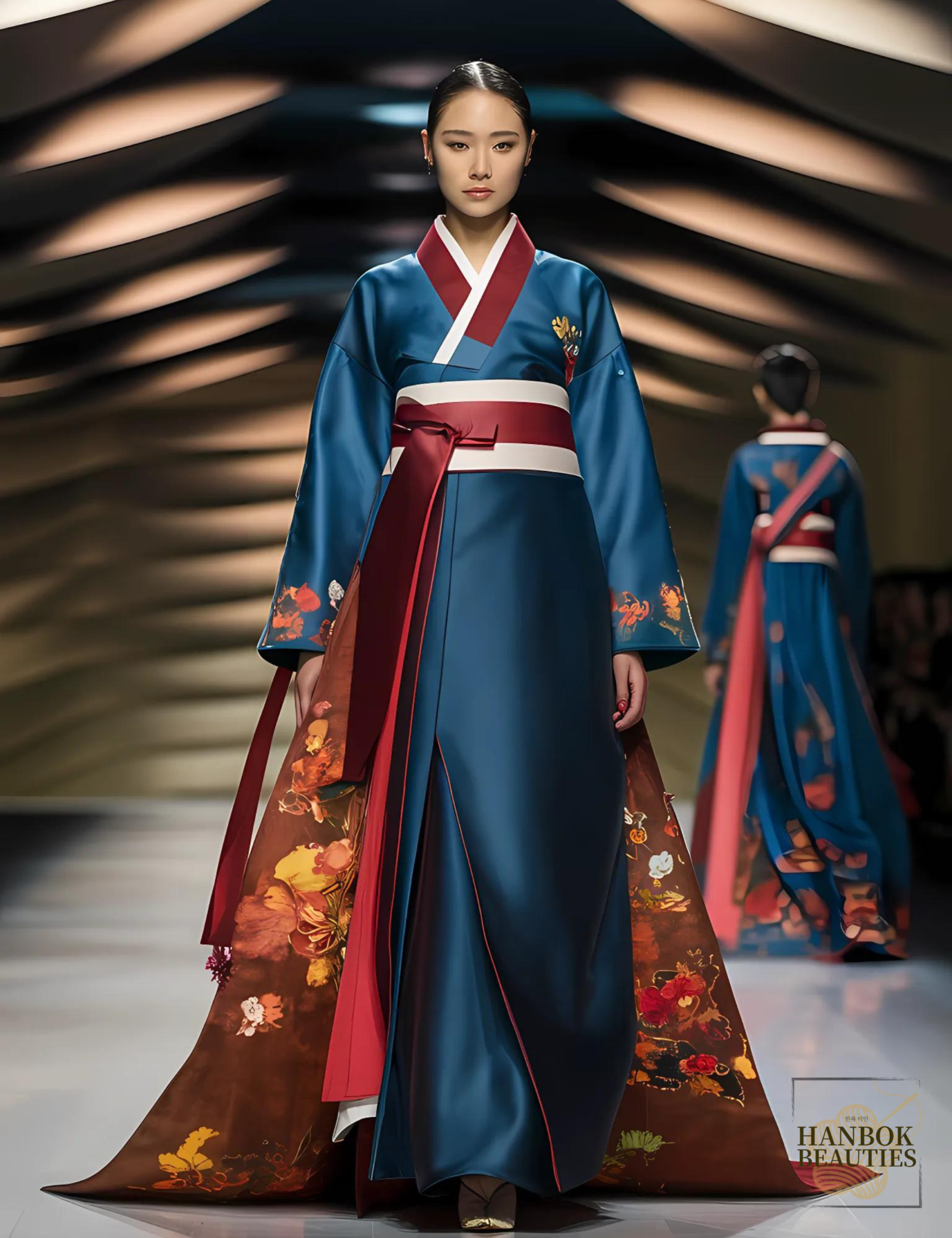 fall-seasonal-hanbok-design-modern-blue-slim-silhouette-embroidered-details-runway-fashion-show-elegant-design