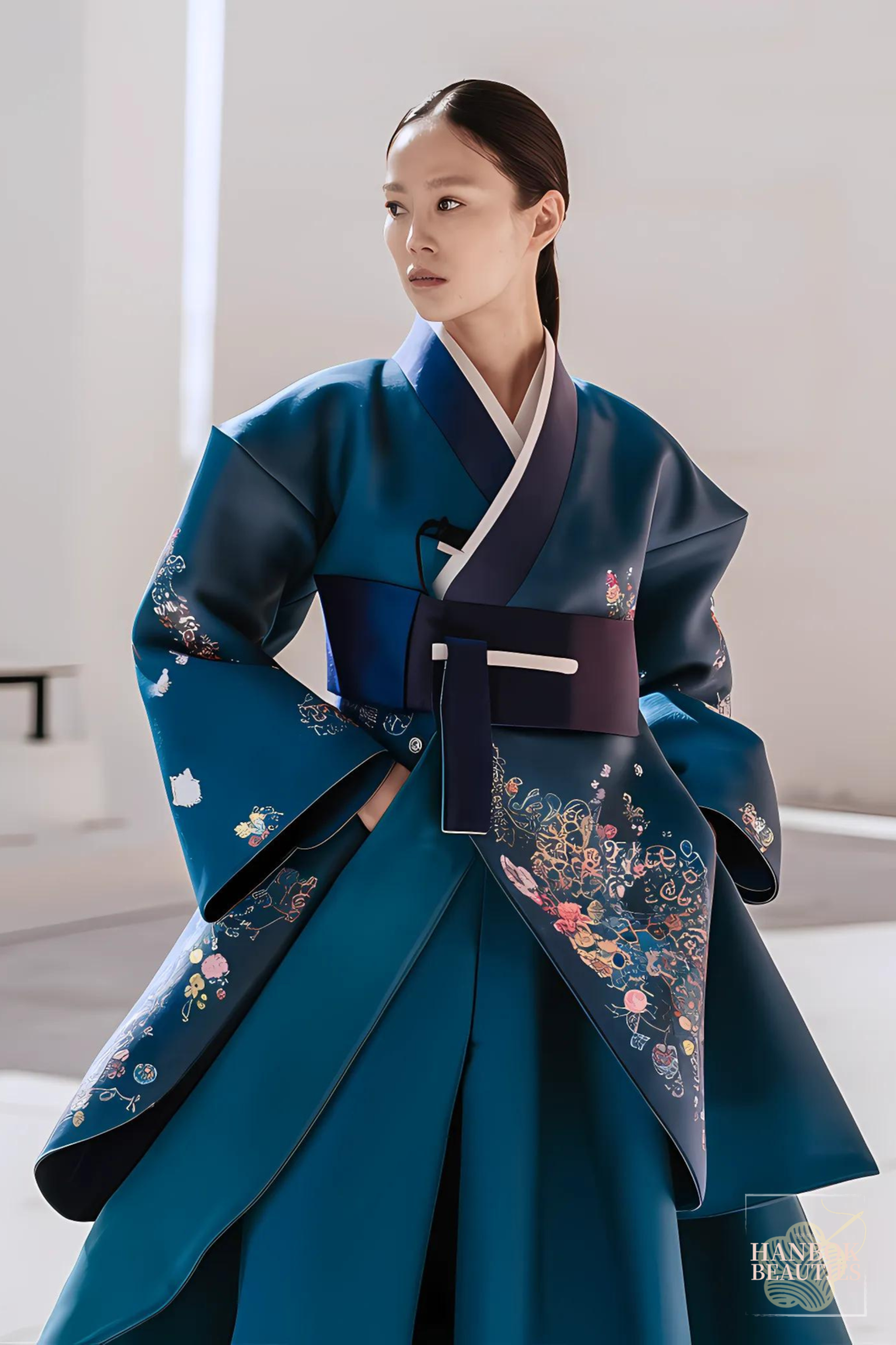 fall-seasonal-hanbok-beauty-modern-blue-slim-silhouette-floral-embroidery-minimalist-urban-setting-elegant-fashion-forward-design