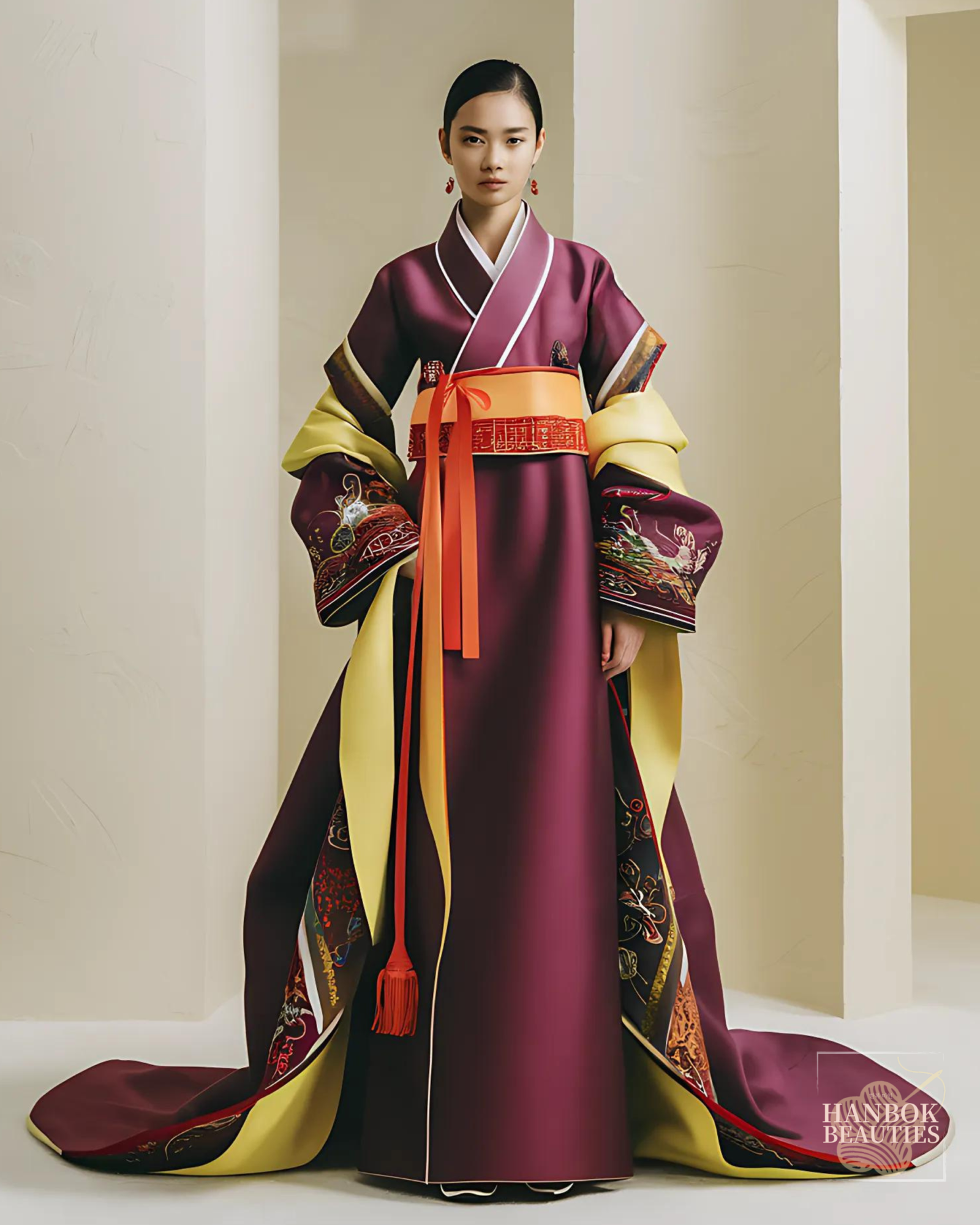 edgy-fall-seasonal-hanbok-slim-silhouette-plum-yellow-orange-red-intricate-details-minimalistic-ivory-background