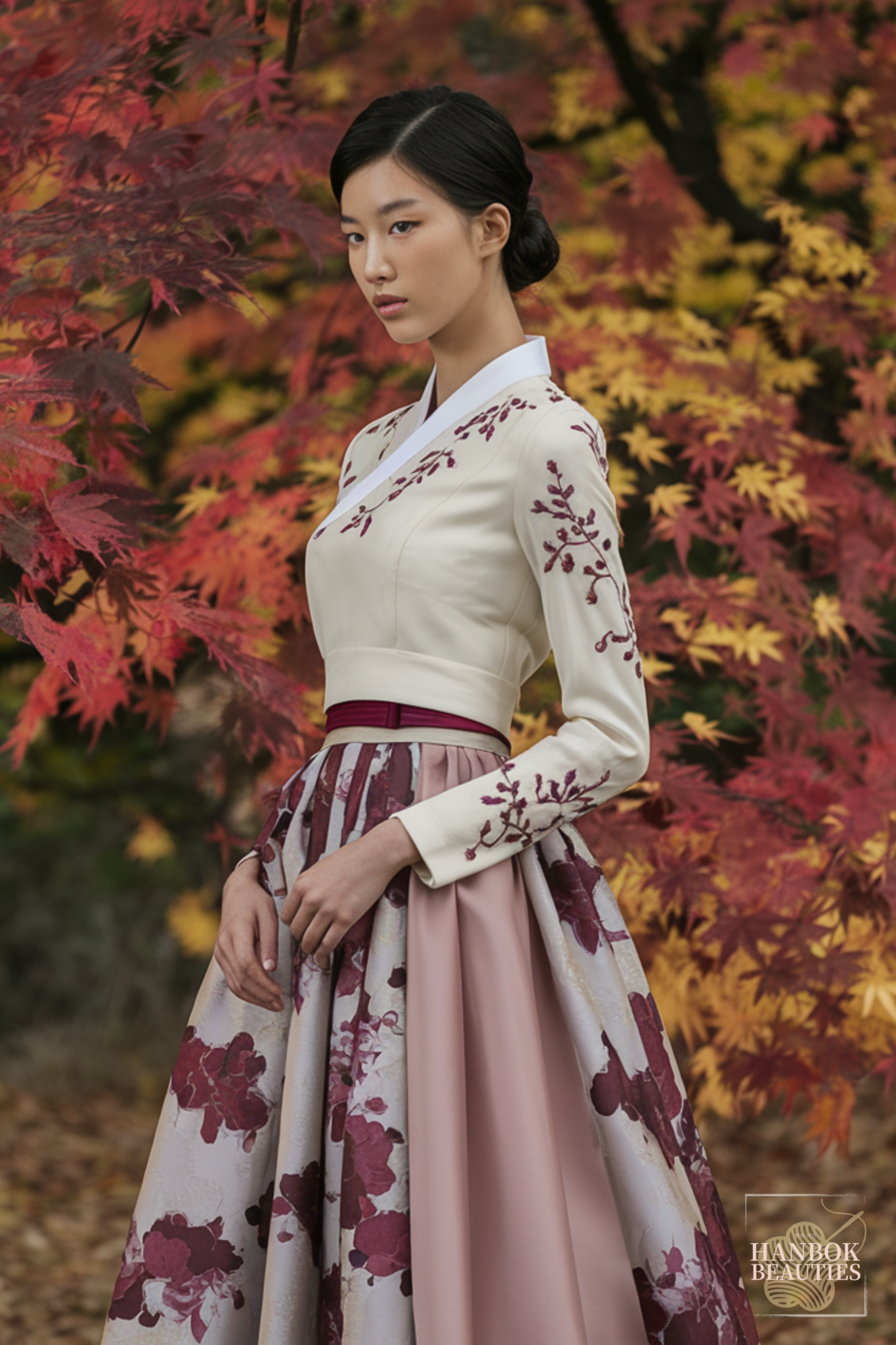 fall-seasonal-hanbok-design-white-burgundy-floral-embroidered-korean-dress-autumn-maple-leaves-background