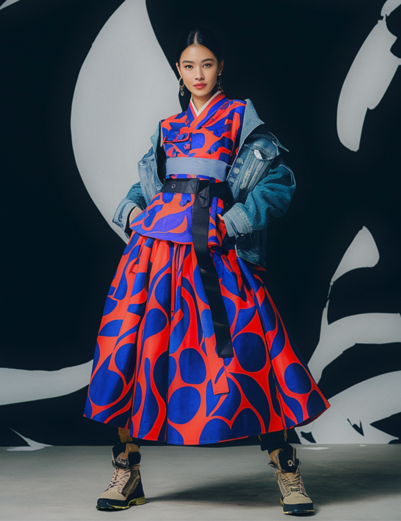 modern winter hanbok street style orange bl 4 Essential Winter Seasonal Hanbok Layers: From Vest to Formal Wrap winter-hanbok-design-contemporary-styling-bold-geometric-print-denim-jacket-combat-boots