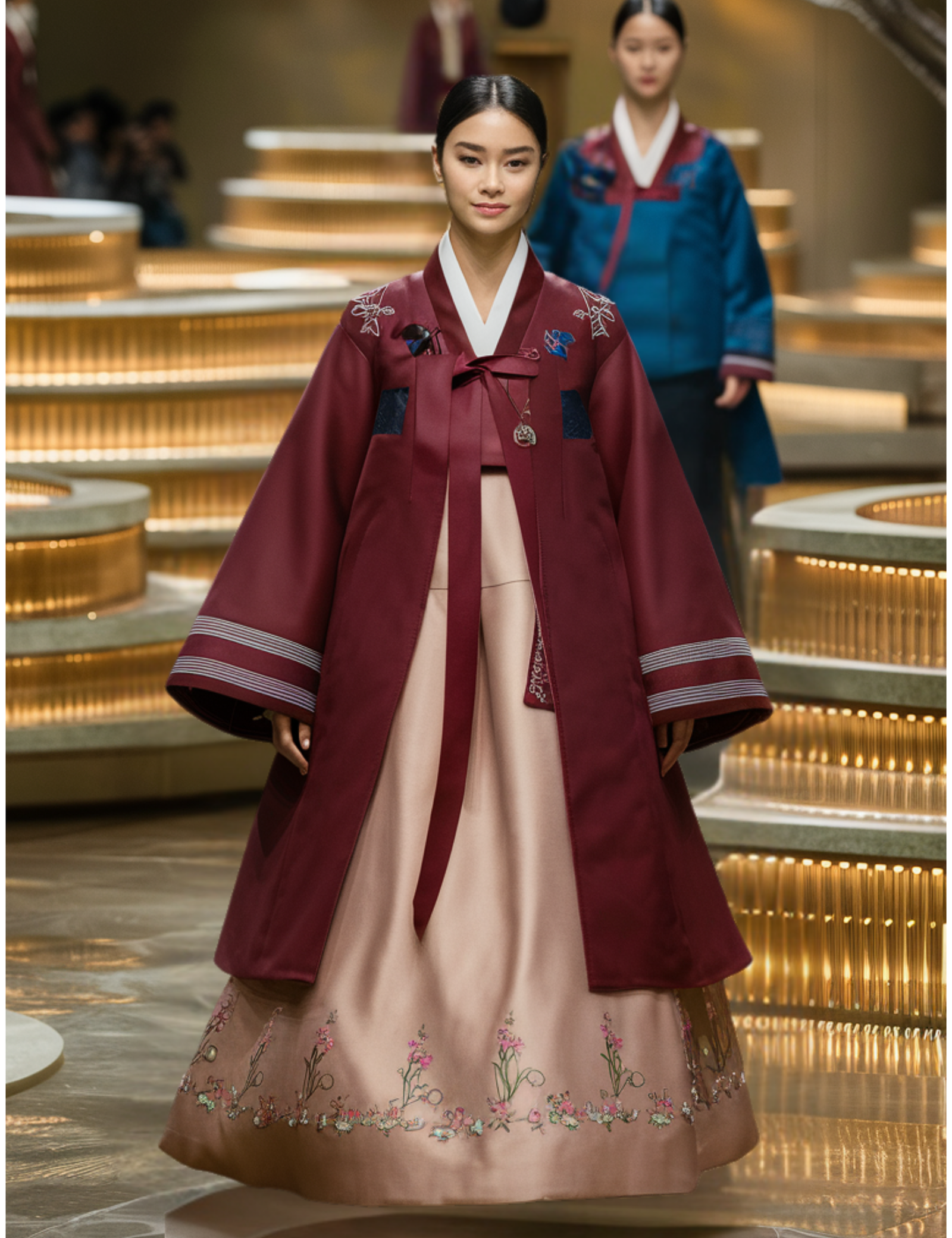 runway hanbok burgundy durumagi pink dress 03514.01 4 Essential Winter Seasonal Hanbok Layers: From Vest to Formal Wrap luxury-hanbok-design-burgundy-durumagi-coat-floral-embroidered-dress-runway-fashion-show-golden-lighting