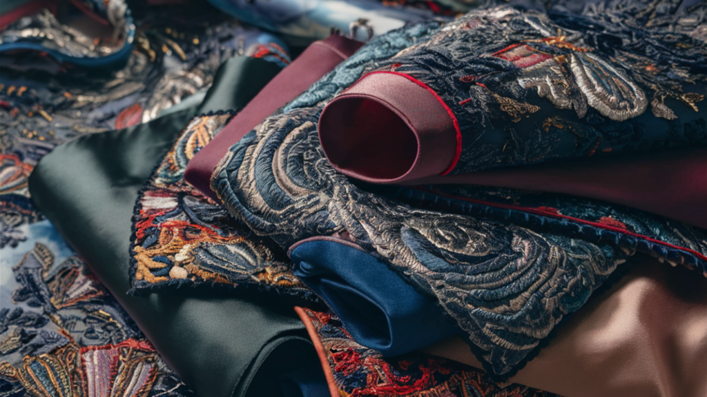 winter hanbok fabric embroidered silk 4 Essential Winter Seasonal Hanbok Layers: From Vest to Formal Wrap winter-seasonal-hanbok-fabric-embroidered-silk-traditional-korean-textile-navy-burgundy-gold-details