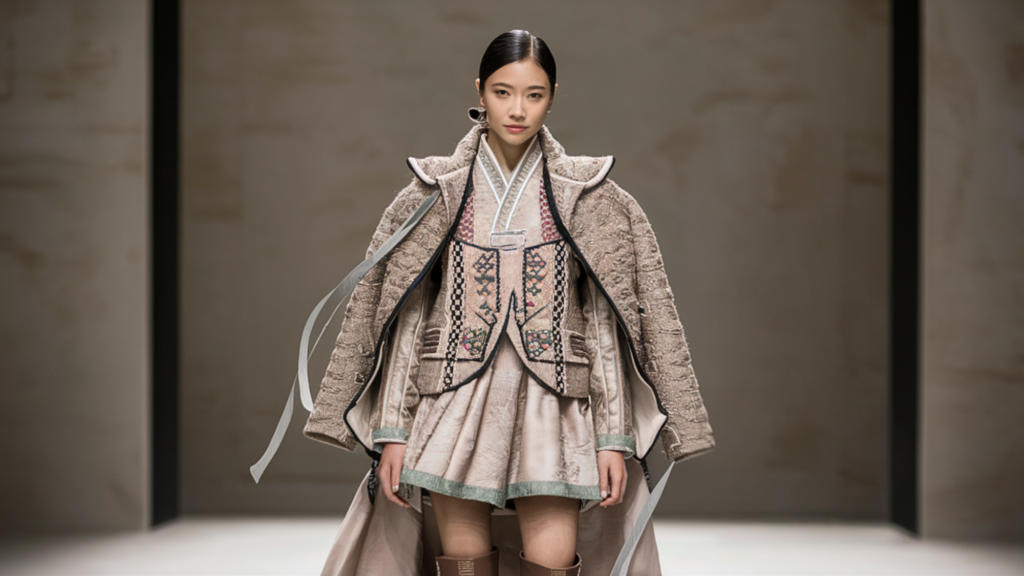 winter-seasonal-hanbok-design-beige-baeja-vest-magoja-jacket-runway-contemporary-traditional-korean-dress