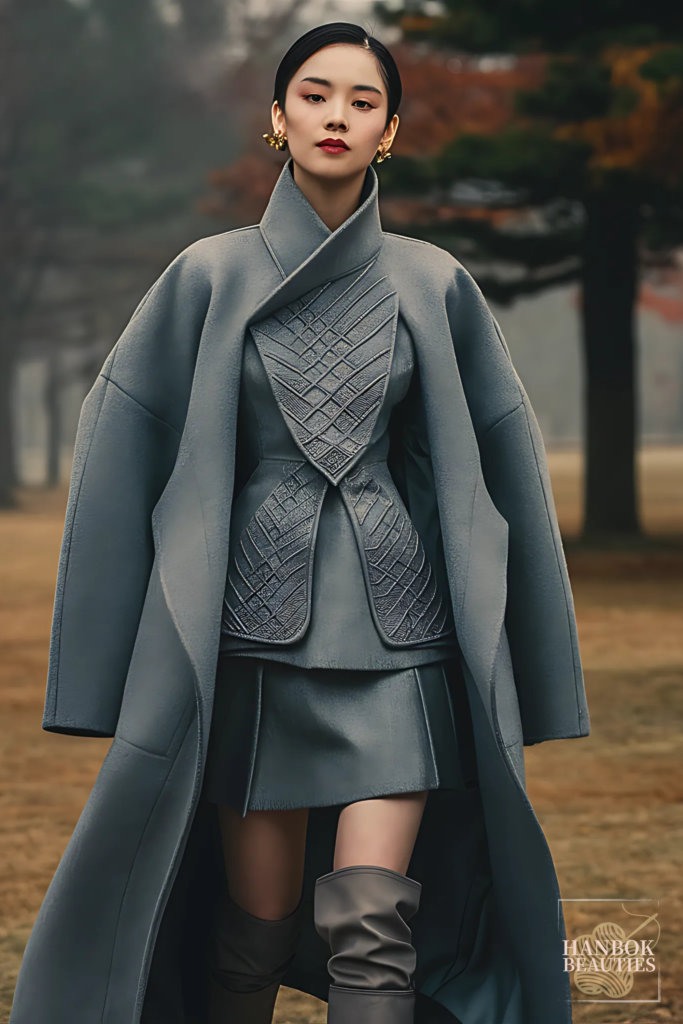 Modern-womens-hanbok-grey-wool-coat-quilted-pattern-traditional-korean-dress-winter-fashion-minimalist-design