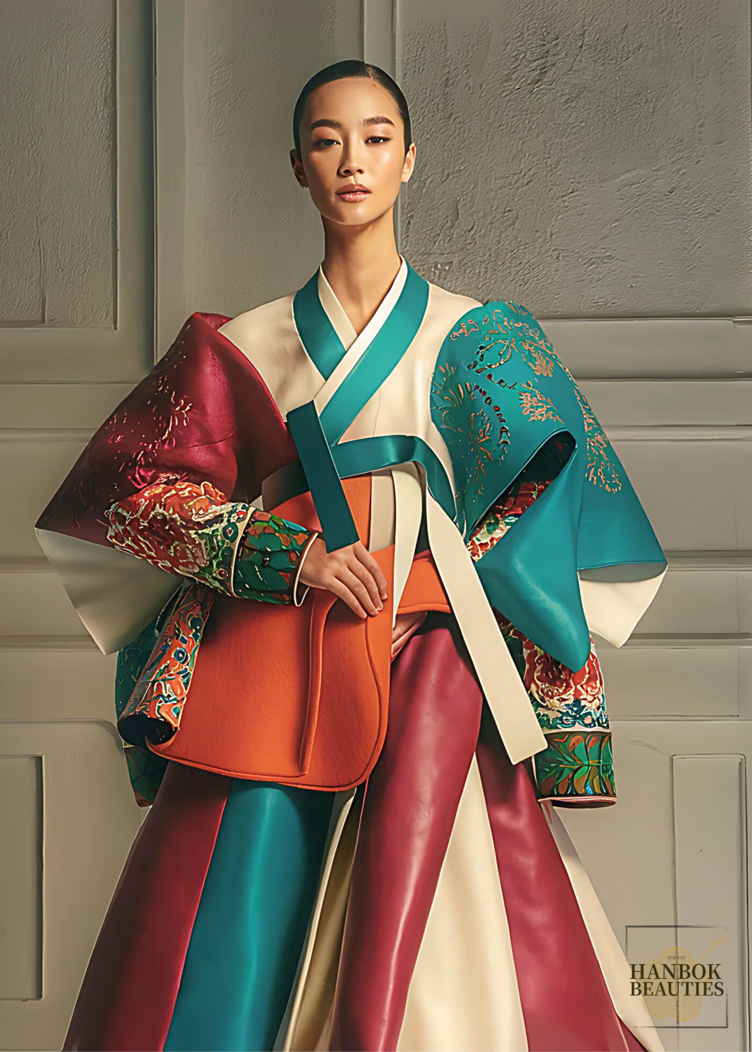 contemporary-womens-hanbok-leather-mixed-media-color-blocking-floral-pattern-white-teal-orange-burgundy