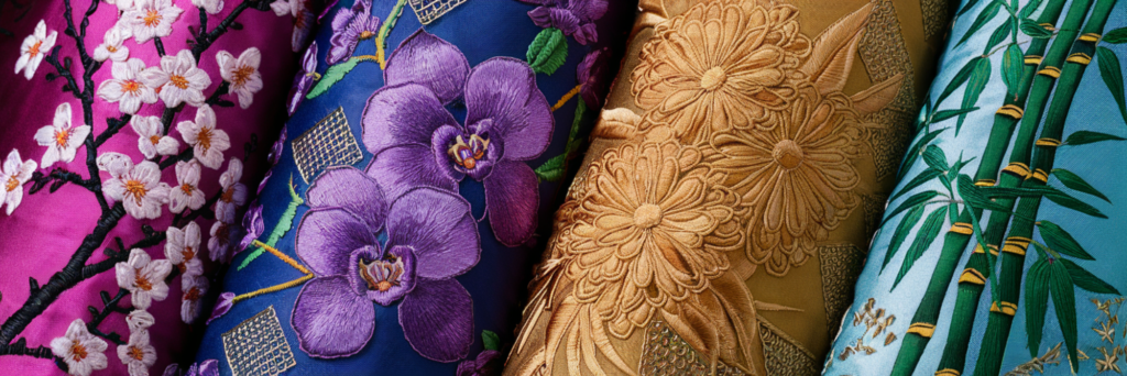 four gracious plants embroidery hanbok silk rolls 03669.00 Sacred Blooms: A Guide to Floral Designs in Women's Hanbok floral-hanbok-design-four-gracious-plants-embroidered-plum-blossom-orchid-chrysanthemum-bamboo-traditional-womens-hanbok-fabric-detail