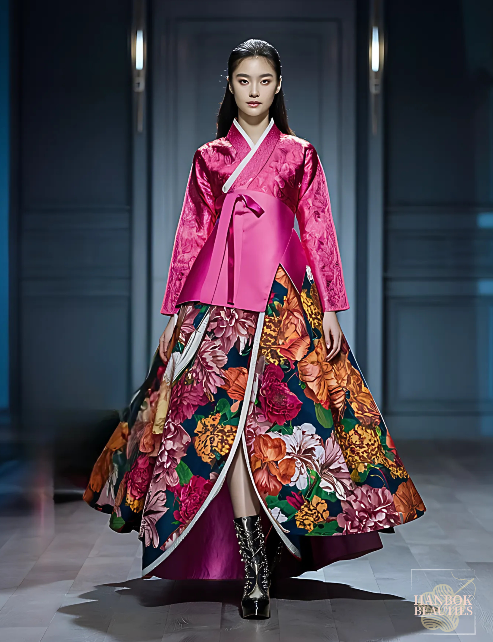 modern-hanbok-design-fuchsia-peony-floral-chima-skirt-runway