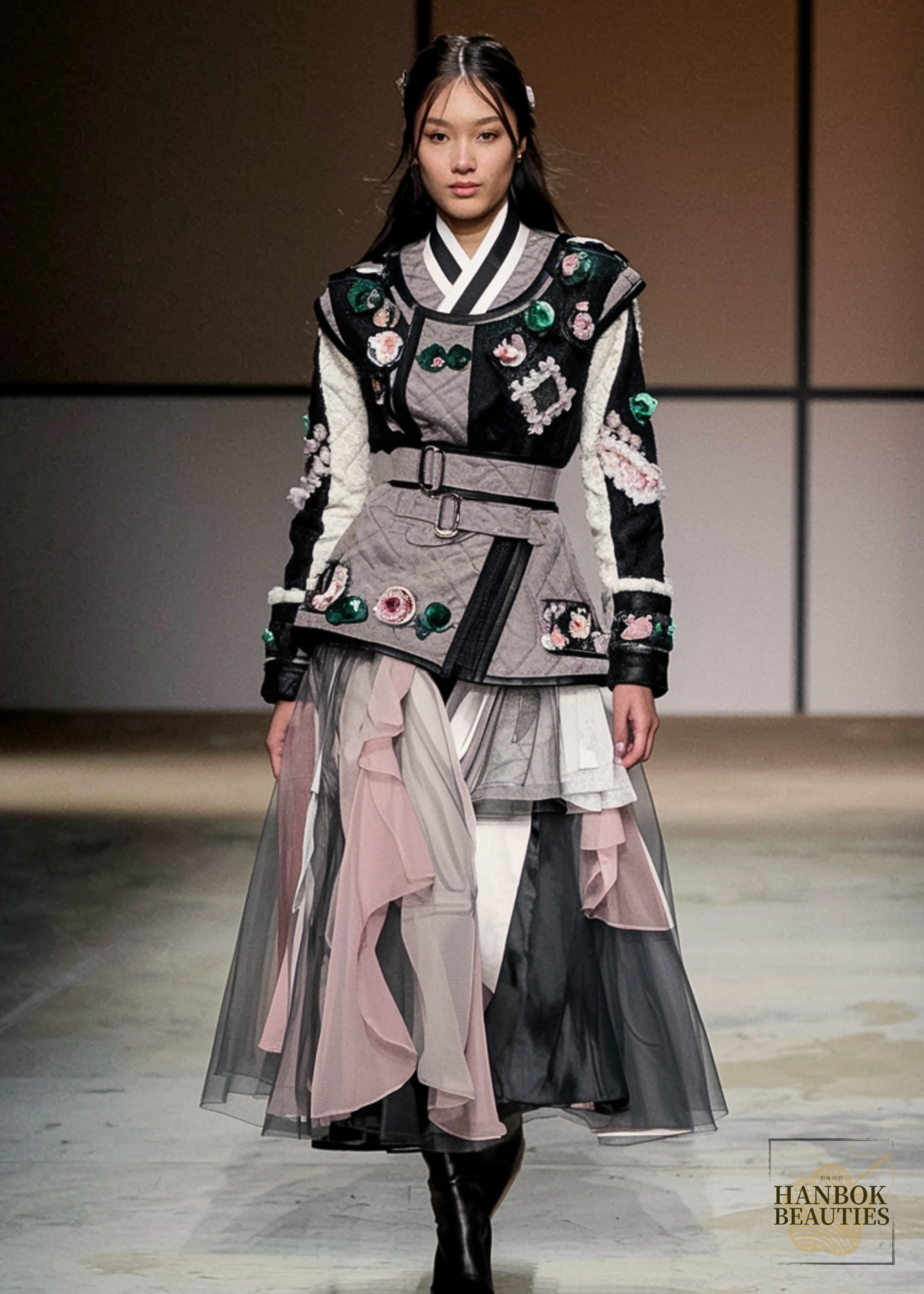 modern-hanbok-design-black-white-grey-structured-baeja-vest-pink-tulle-layered-chima-skirt-winter-fashion-korean-dress