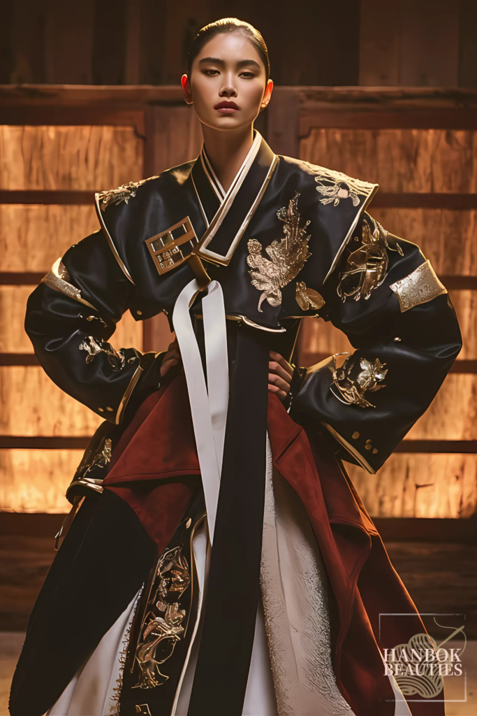 womens-hanbok-geometric-floral-black-white-gold-velvet-suede-leather-autumn-winter-textures