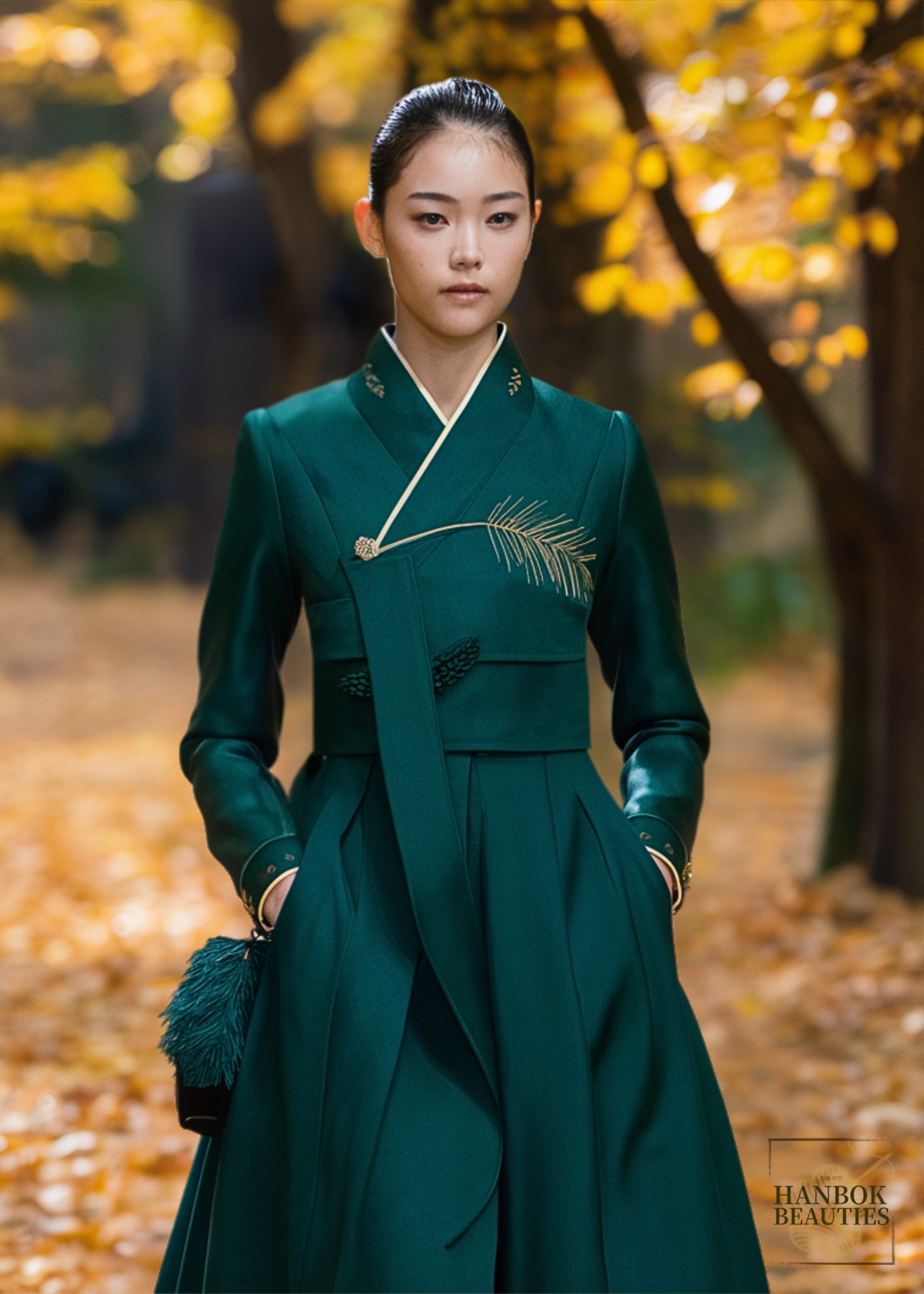 womens-hanbok-design-forest-green-slim-silhouette-minimalist-pine-motif