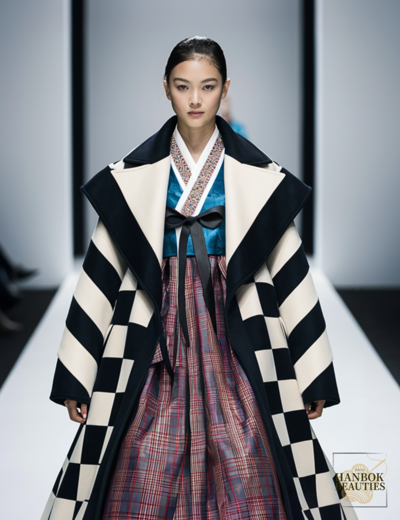 modern-winter-hanbok-design-durumagi-overcoat-checkerboard-pattern-traditional-chima-skirt-runway-fashion