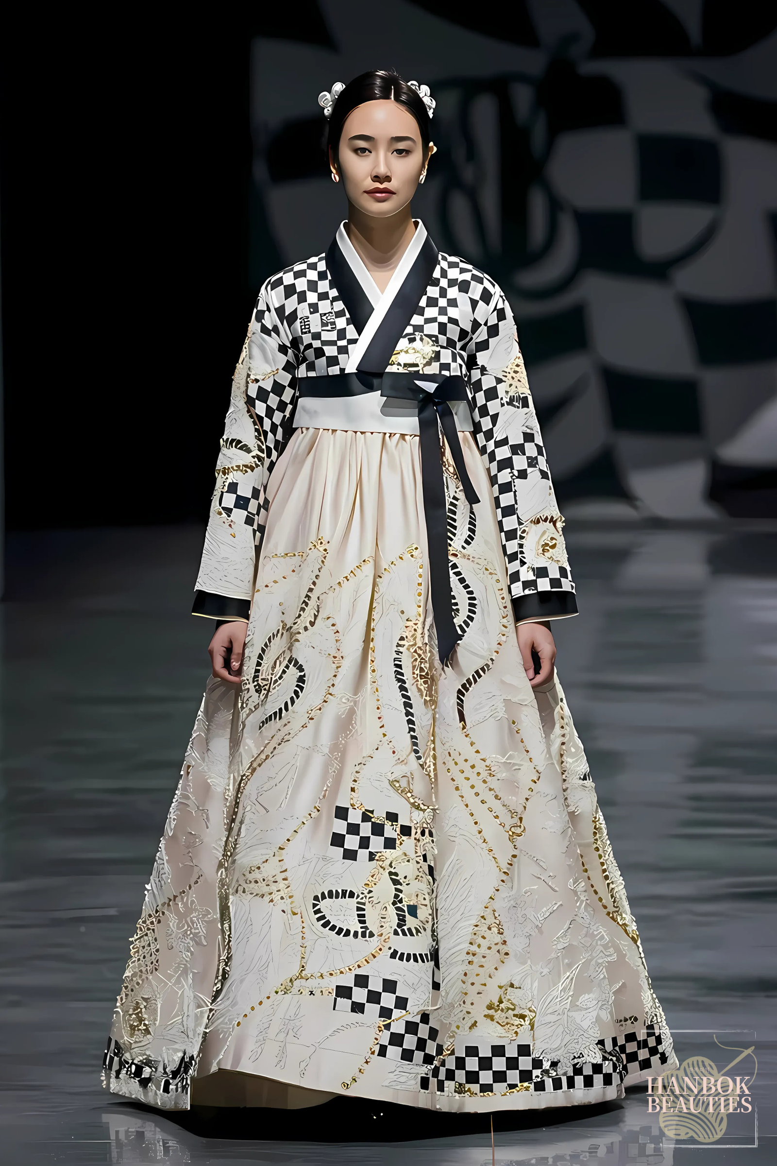 luxury-modern-hanbok-winter-black-white-checkered-gold-embroidery